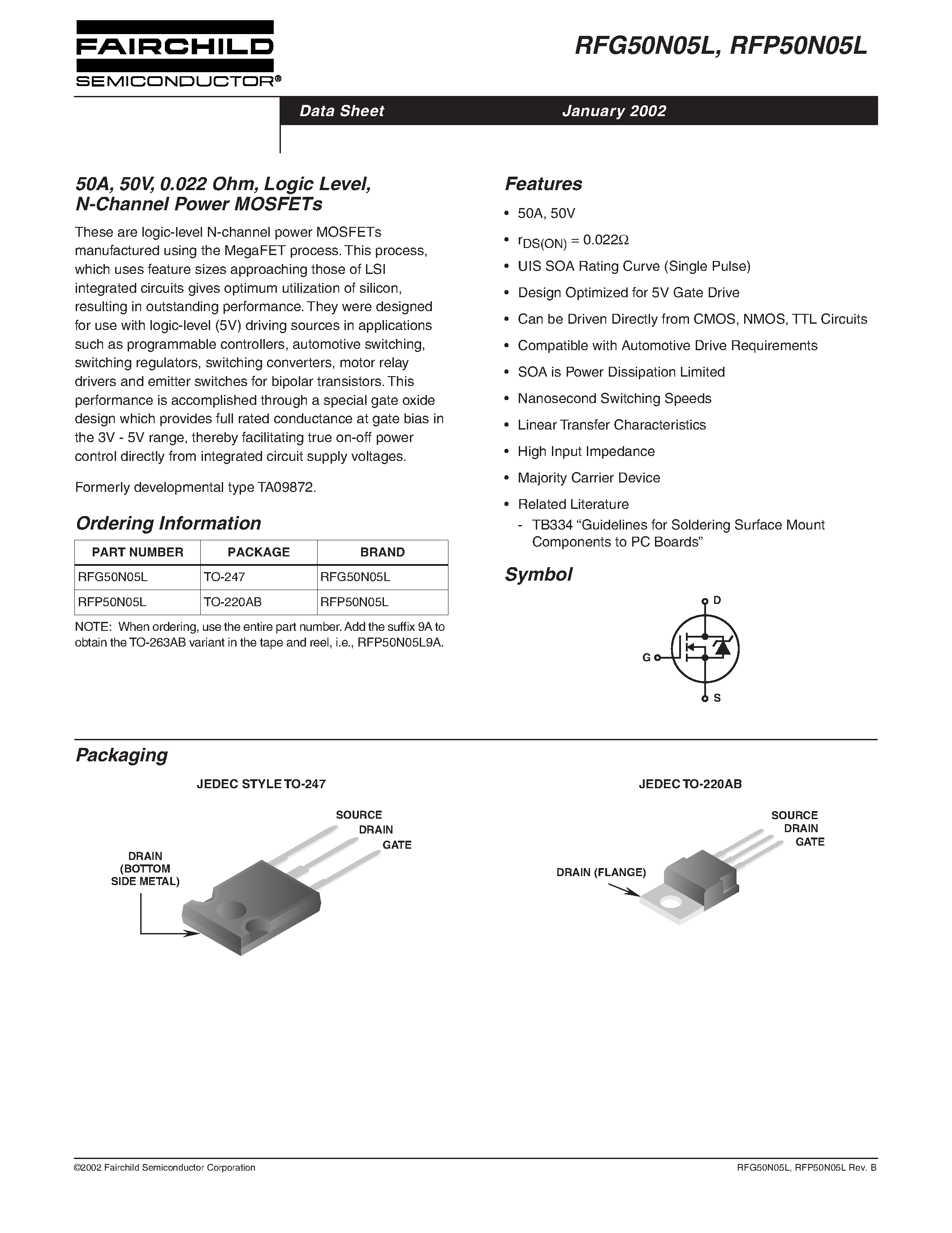 Datasheet RFP50N05L - 50A/ 50V/ 0.022 Ohm/ Logic Level/ N-Channel Power MOSFETs page 1