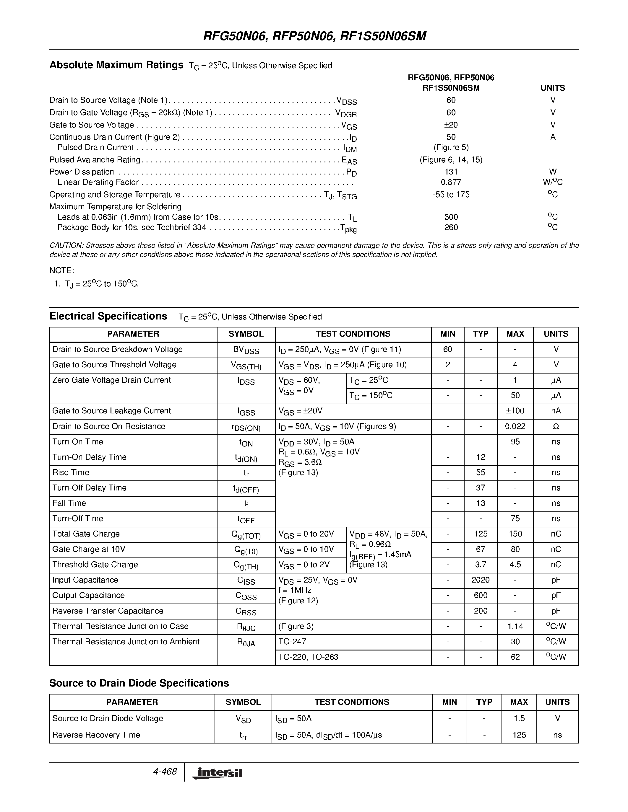 Datasheet RFP50N06 - 50A/ 60V/ 0.022 Ohm/ N-Channel Power MOSFETs page 2