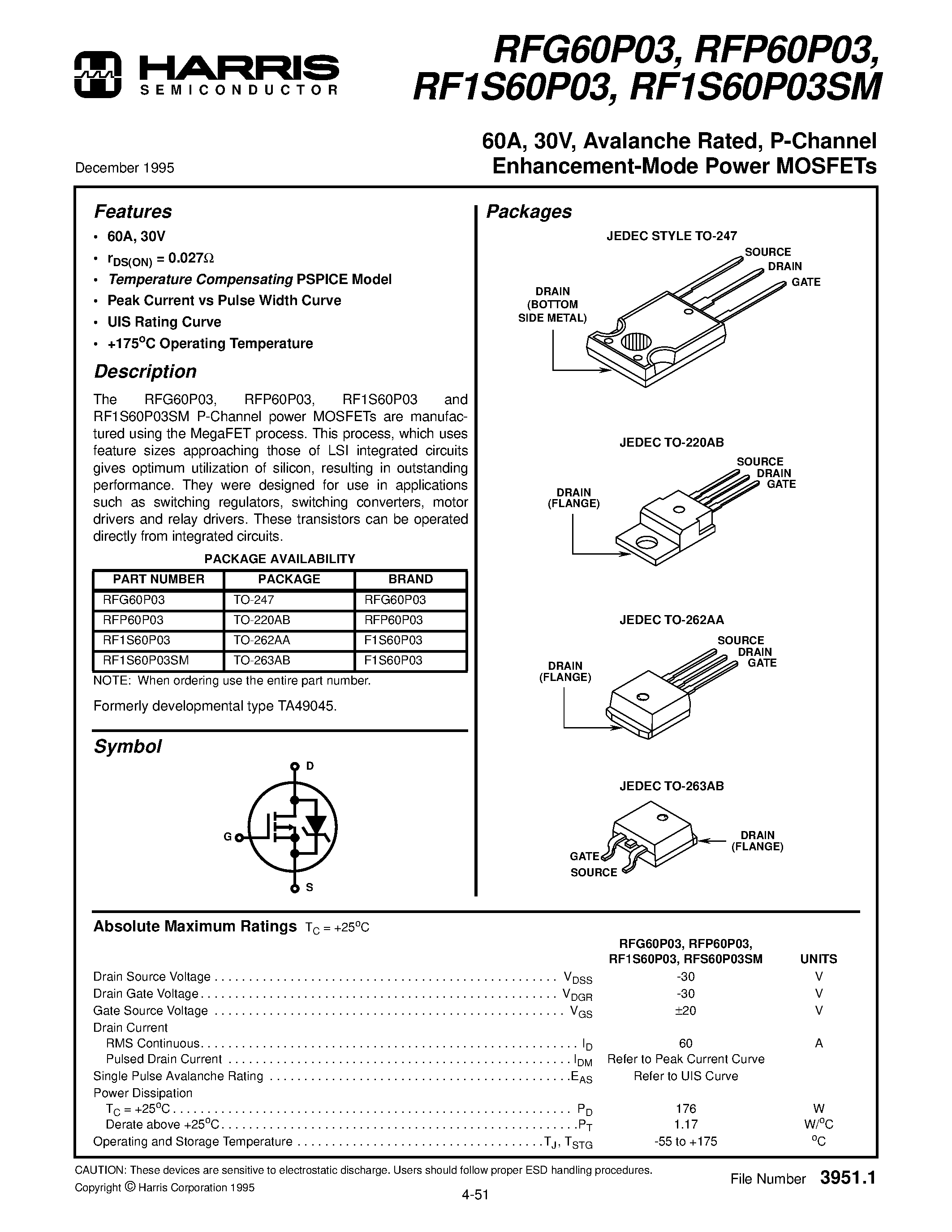 Datasheet RFP60P03 - 60A/ 30V/ Avalanche Rated/ P-Channel Enhancement-Mode Power MOSFETs page 1