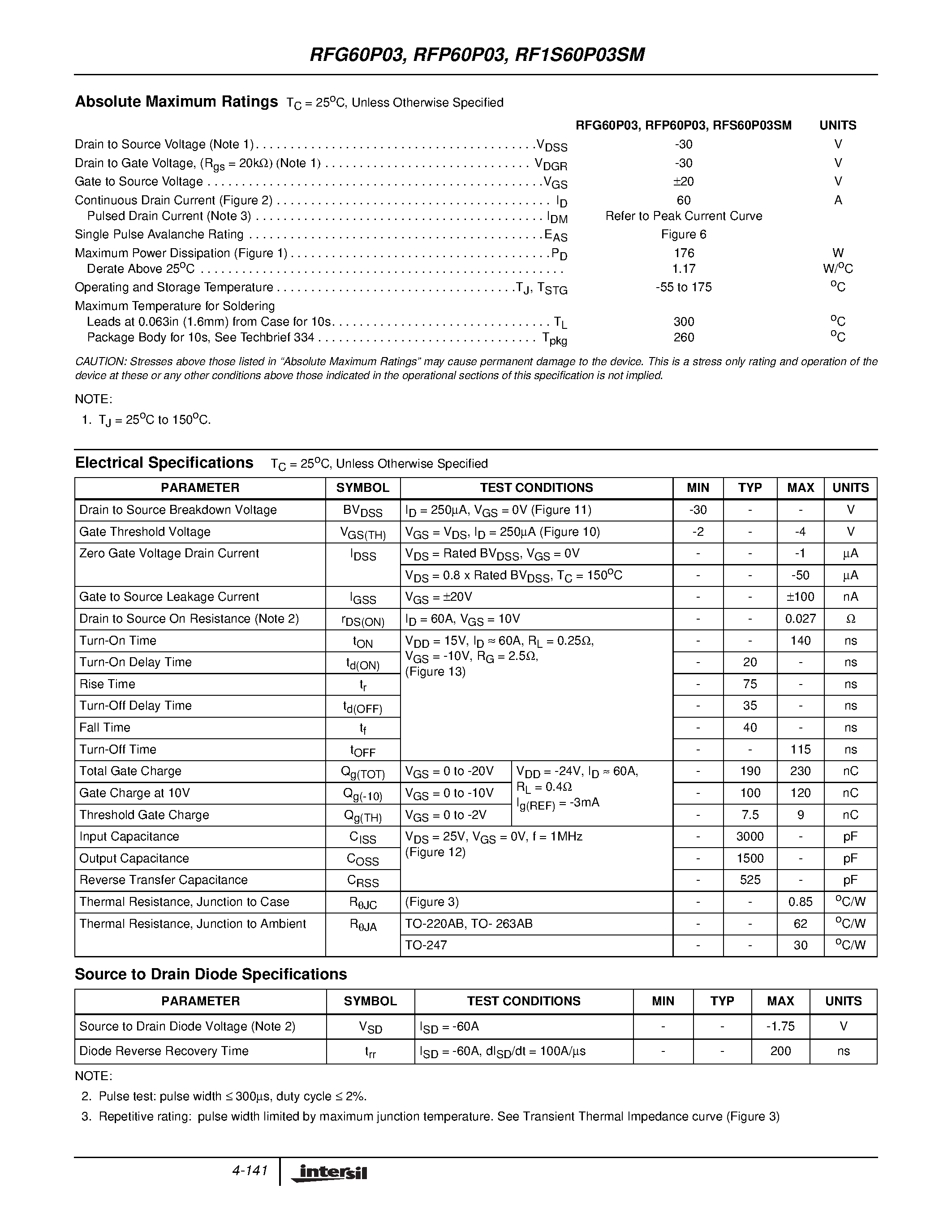 Datasheet RFP60P03 - 60A/ 30V/ 0.027 Ohm/ P-Channel Power MOSFETs page 2