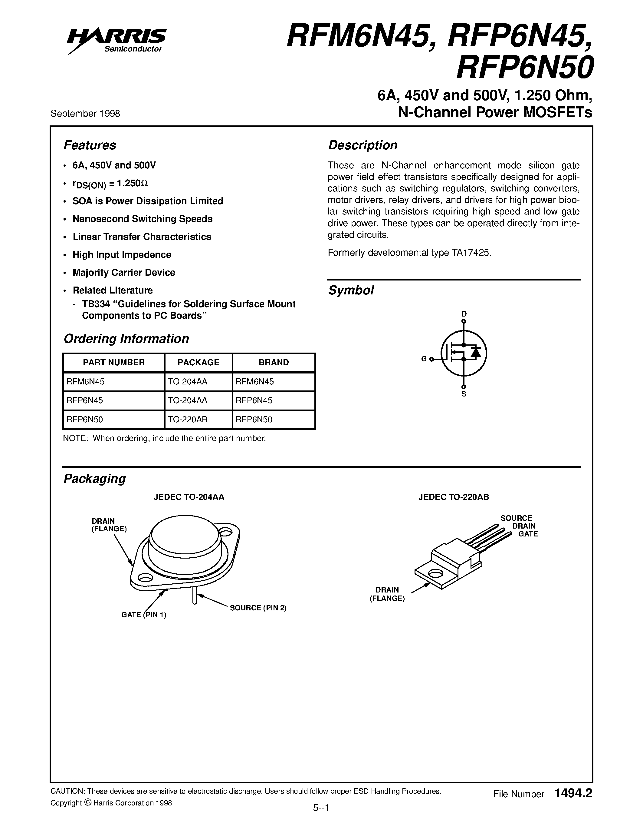 Datasheet RFP6N45 - 6A/ 450V and 500V/ 1.250 Ohm/ N-Channel Power MOSFETs page 1