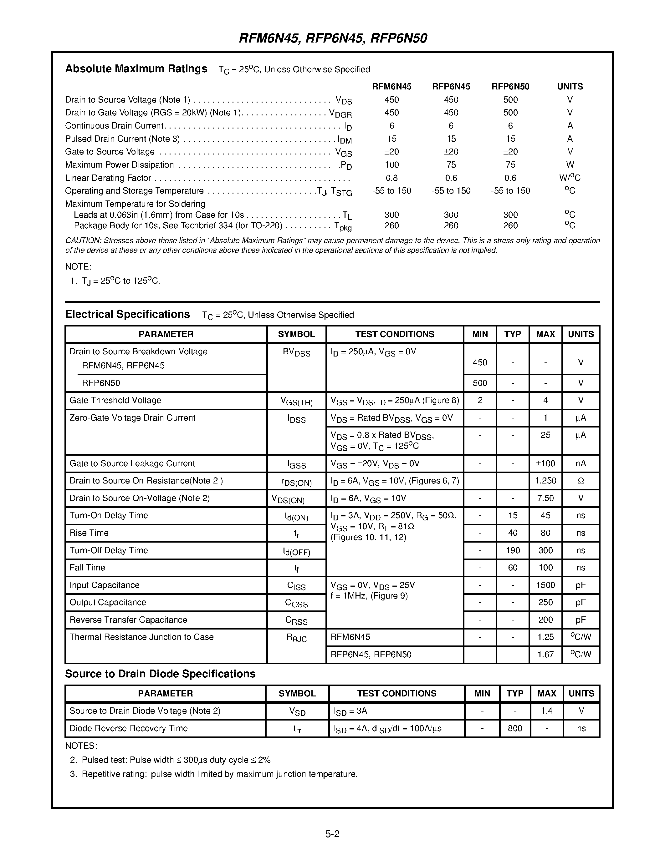 Datasheet RFP6N45 - 6A/ 450V and 500V/ 1.250 Ohm/ N-Channel Power MOSFETs page 2