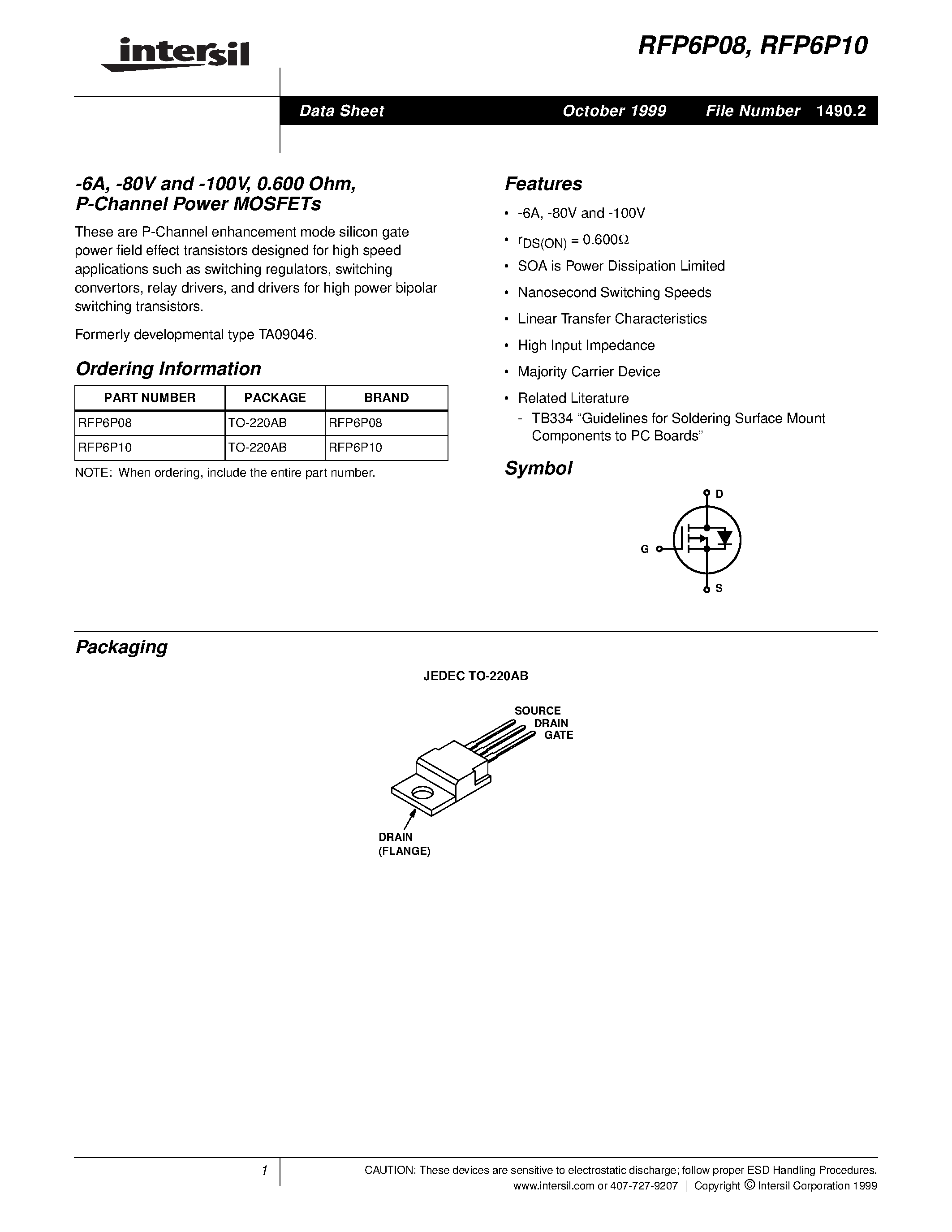 Datasheet RFP6P08 - -6A/ -80V and -100V/ 0.600 Ohm/ P-Channel Power MOSFETs page 1