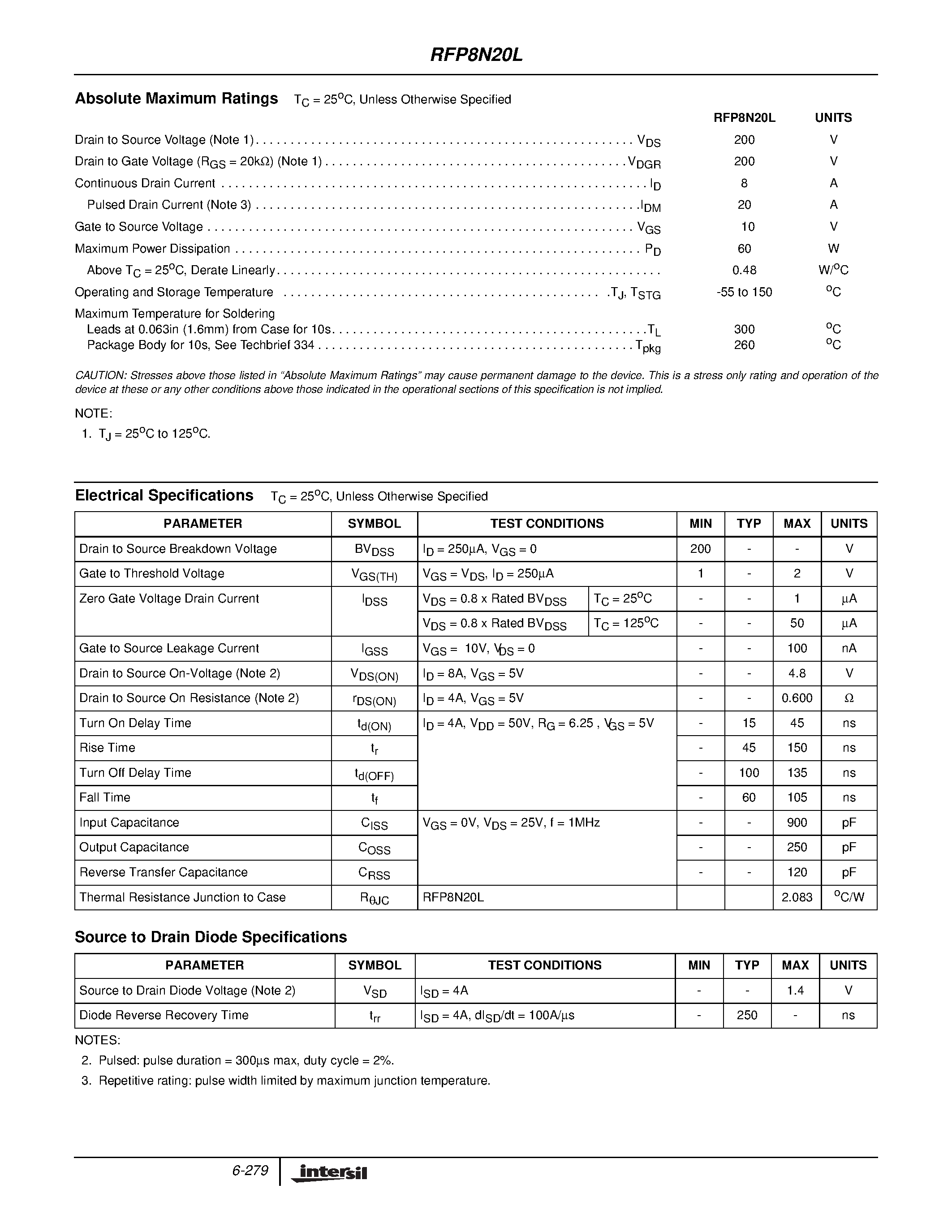 Datasheet RFP8N20L page 2 Datasheet RFP8N20L - 8A/ 200V/ 0.600 Ohm/ Logic Level/ N-Channel Power MOSFET page 2