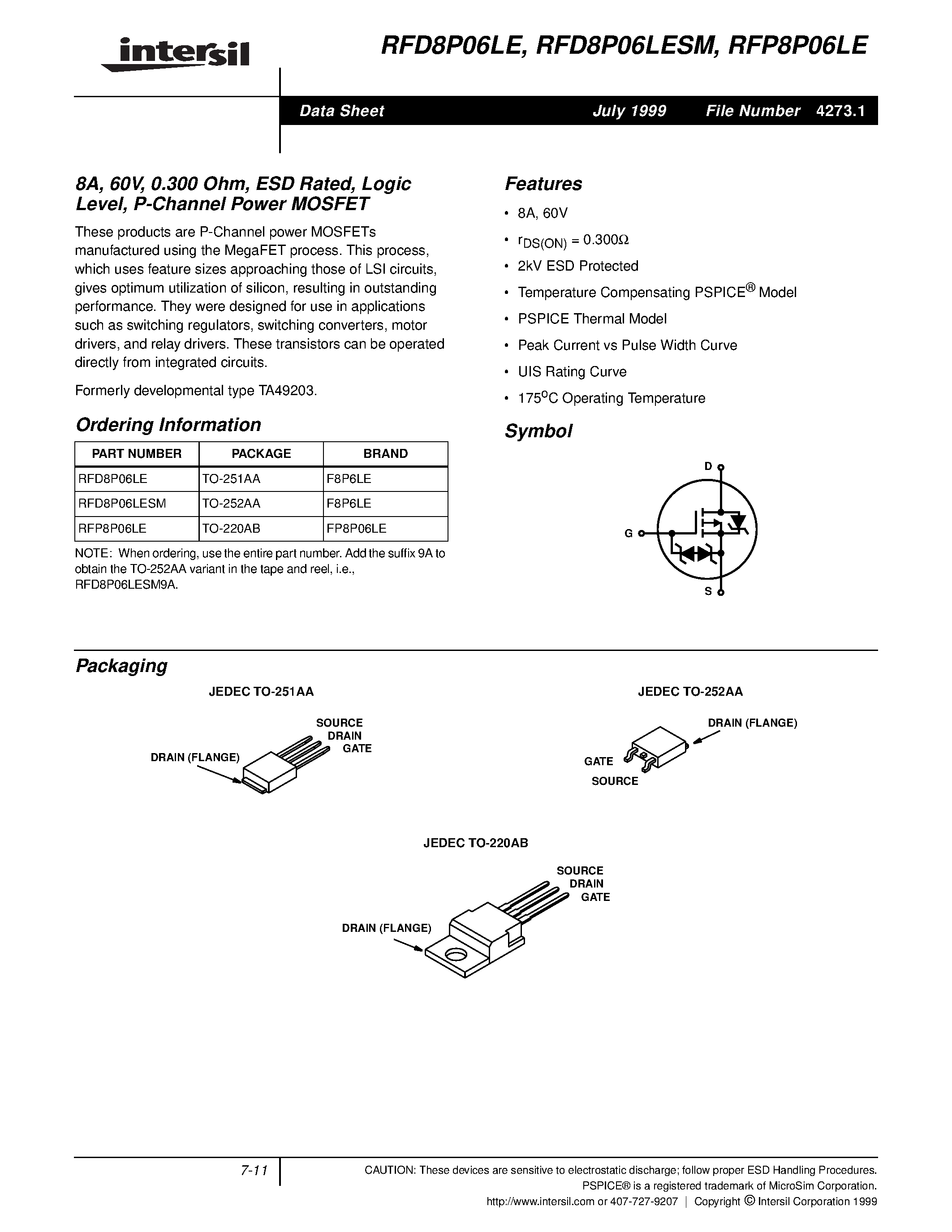 Datasheet RFP8P06LE - 8A/ 60V/ 0.300 Ohm/ ESD Rated/ Logic Level/ P-Channel Power MOSFET page 1