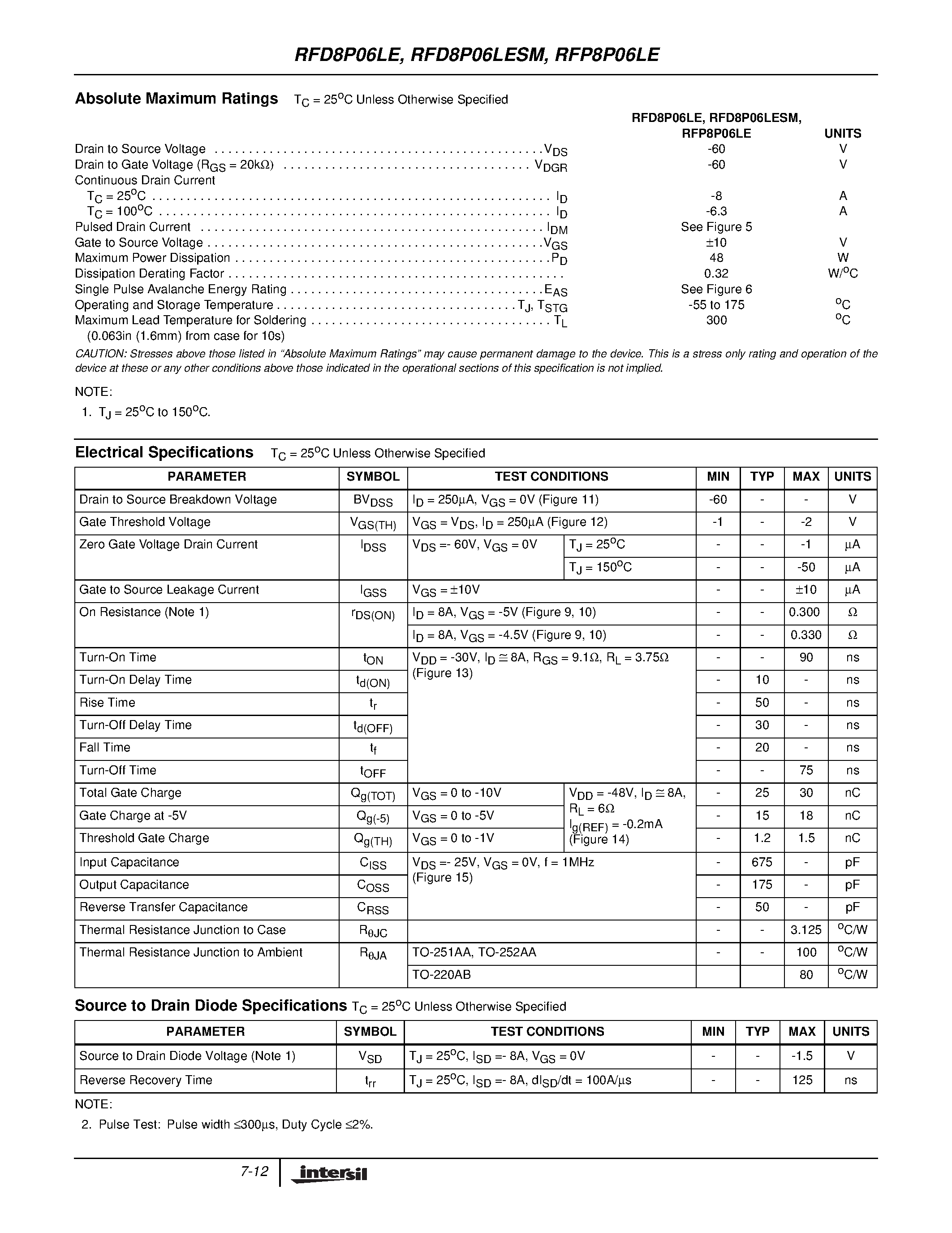 Datasheet RFP8P06LE - 8A/ 60V/ 0.300 Ohm/ ESD Rated/ Logic Level/ P-Channel Power MOSFET page 2