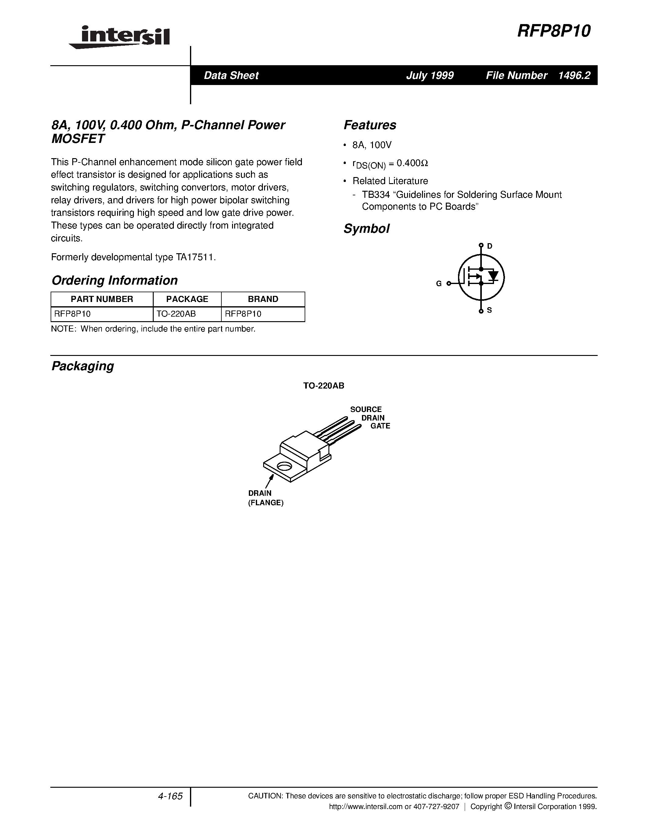 Datasheet RFP8P10 - 8A/ 100V/ 0.400 Ohm/ P-Channel Power MOSFET page 1