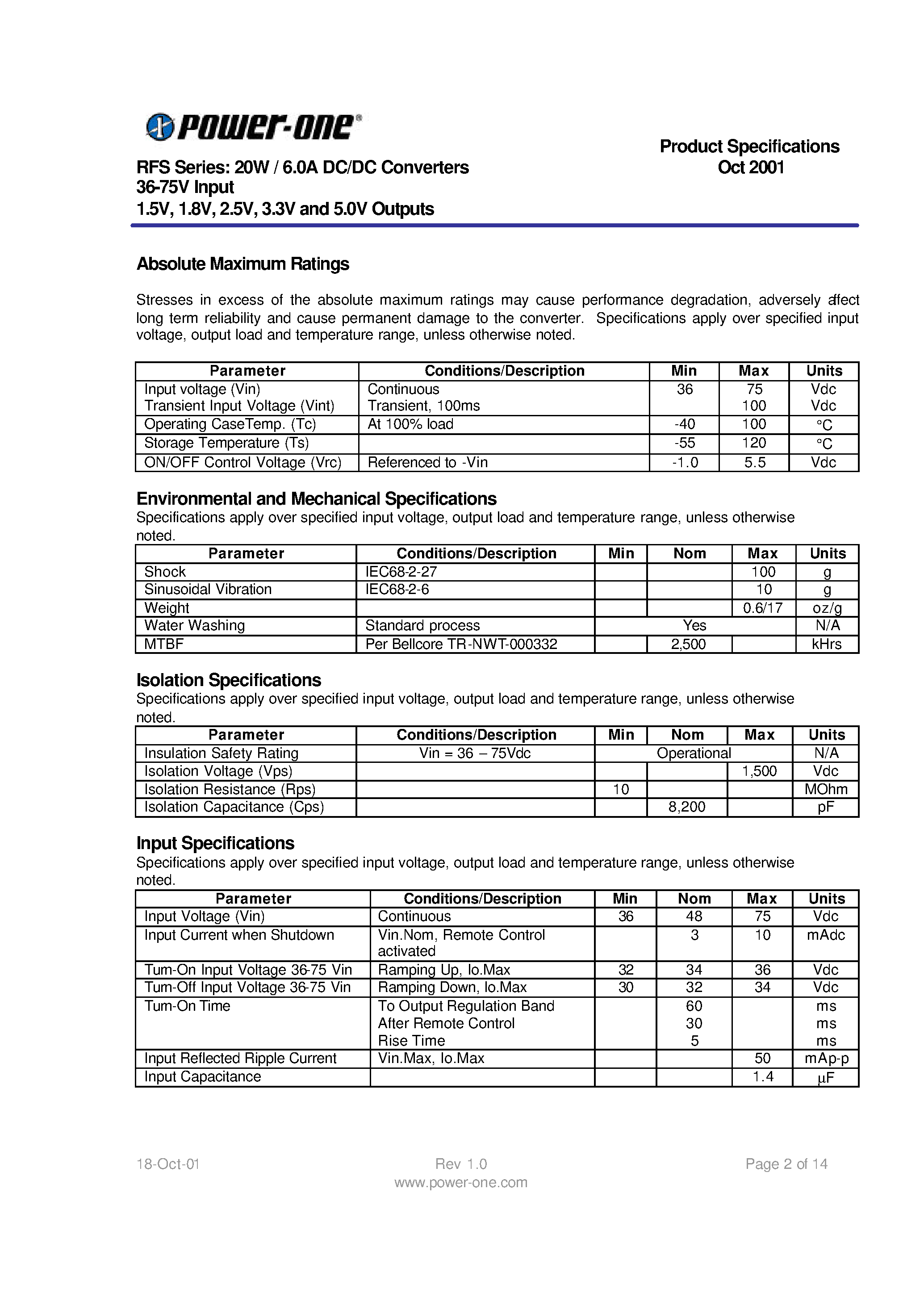 Datasheet RFS06ZE-M6 - RFS Series: 20W / 6.0A DC/DC Converters 36-75V Input 1.5V/ 1.8V/ 2.5V/ 3.3V and 5.0V Outputs page 2