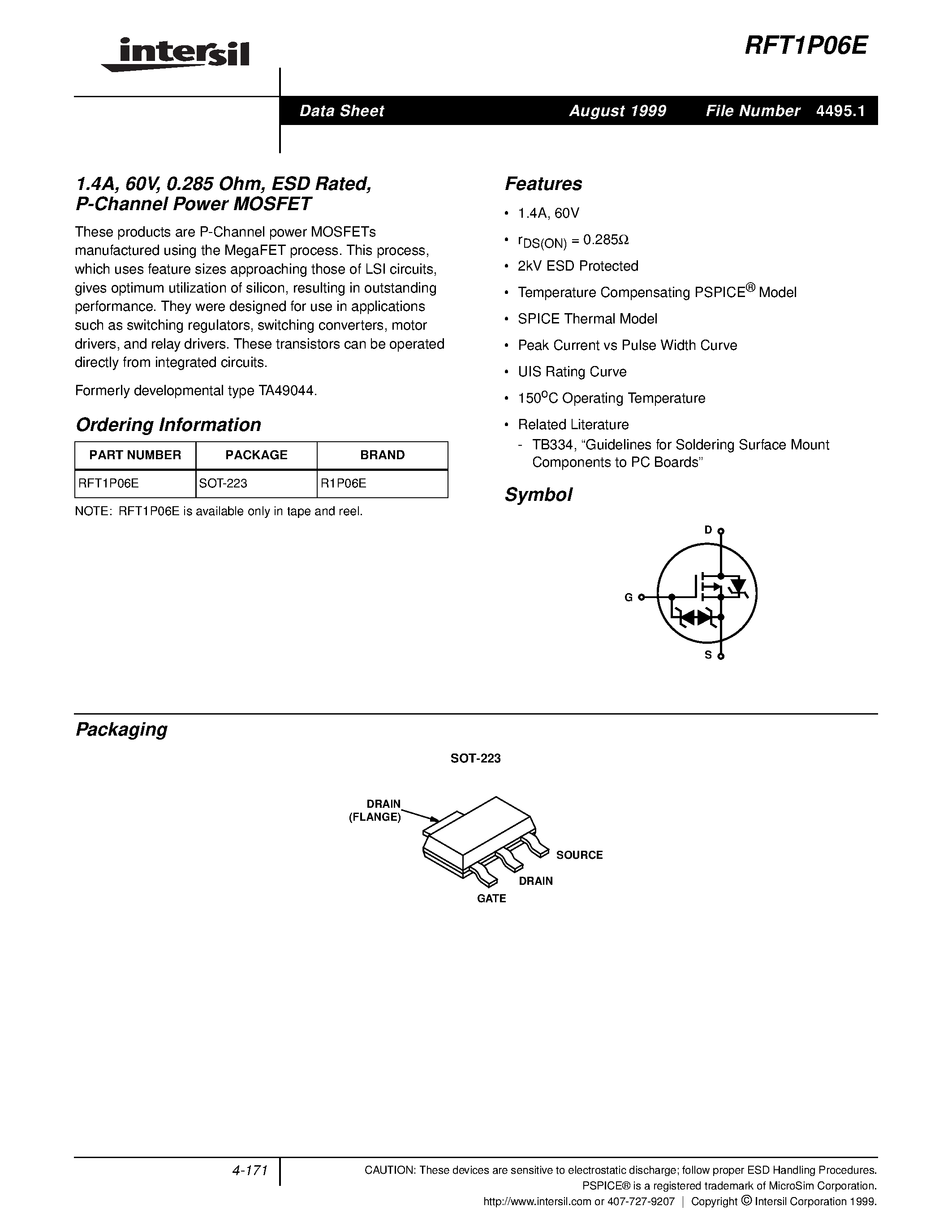 Даташит RFT1P06E - 1.4A/ 60V/ 0.285 Ohm/ ESD Rated/ P-Channel Power MOSFET страница 1