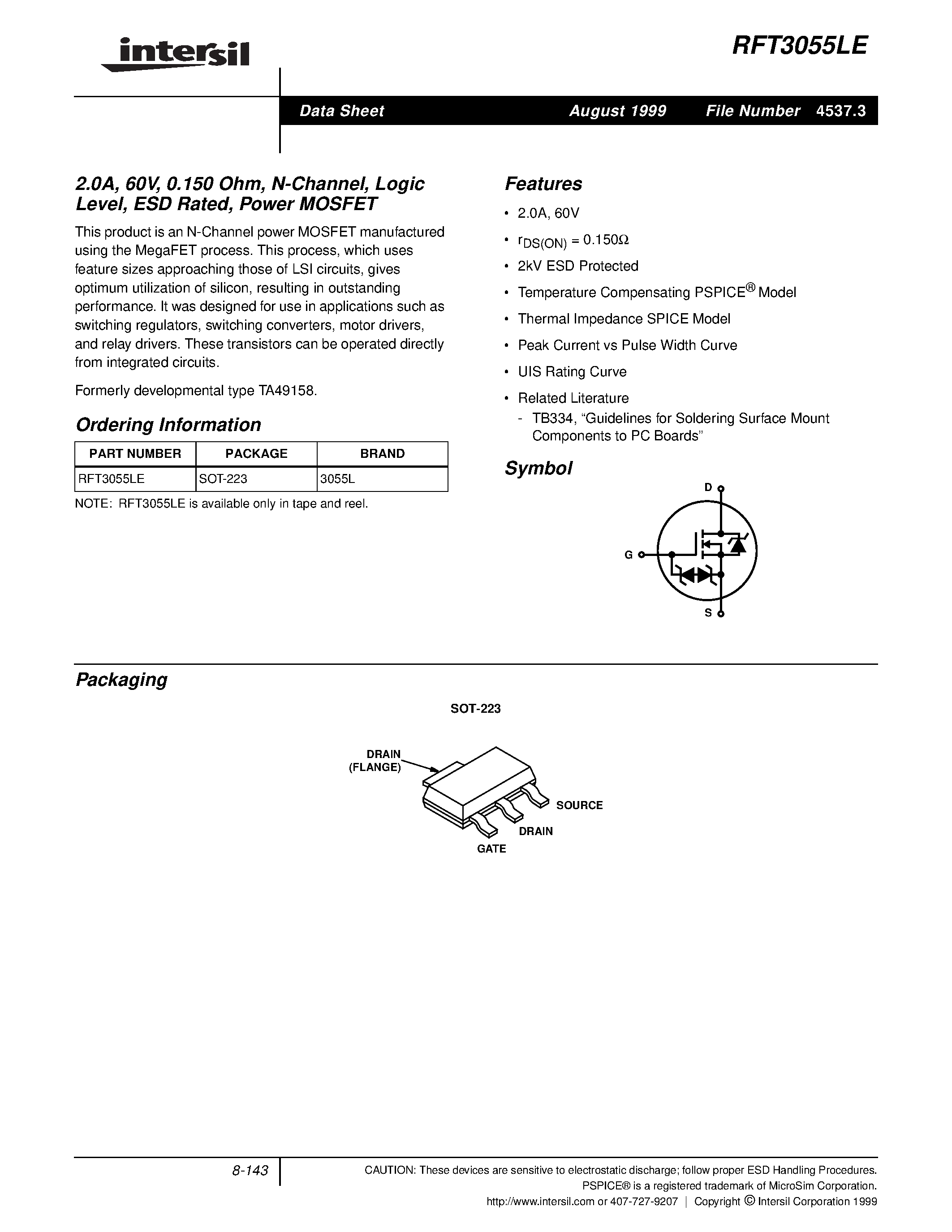 Datasheet RFT3055 - 2.0A/ 60V/ 0.150 Ohm/ N-Channel/ Logic Level/ ESD Rated/ Power MOSFET page 1