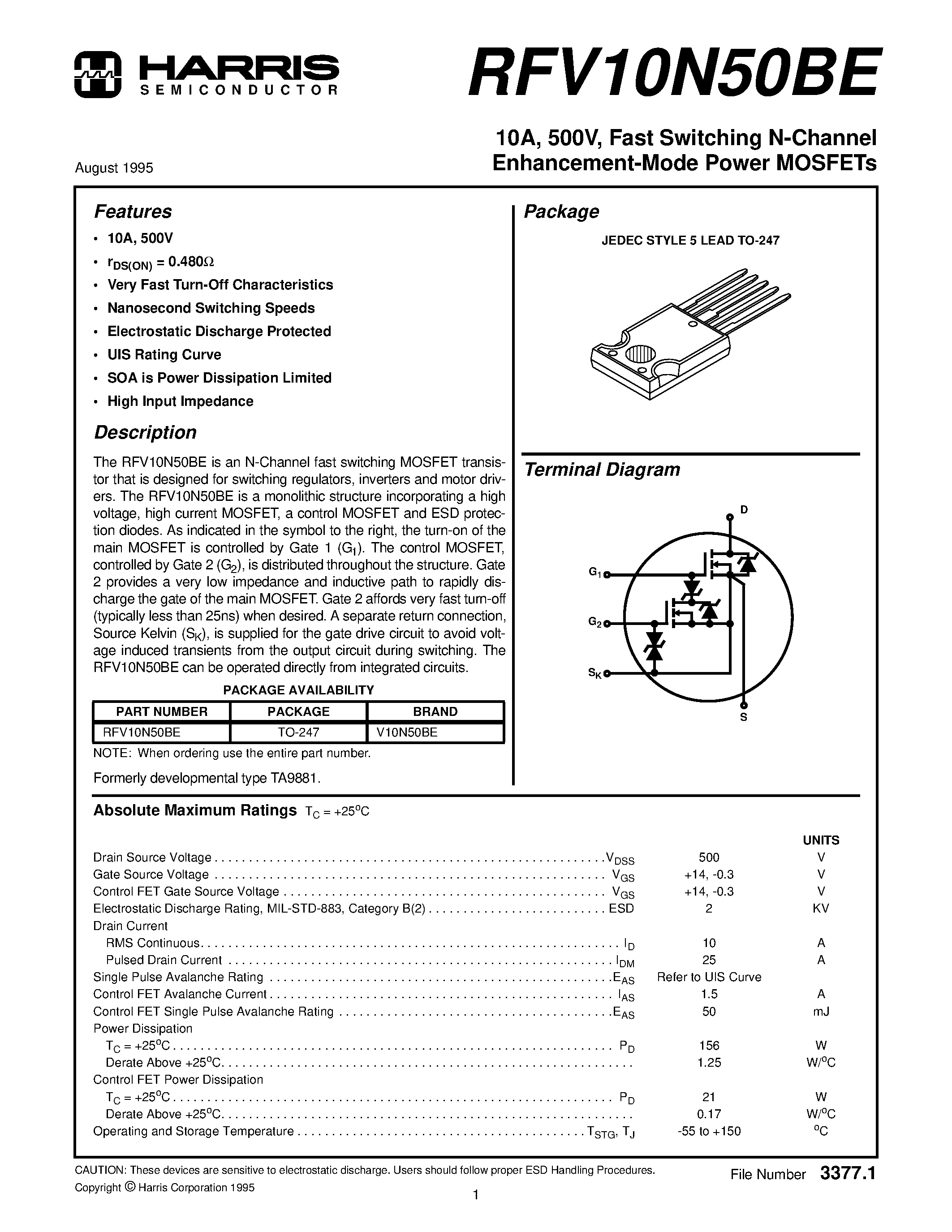 Datasheet RFV10N50 - 10A/ 500V/ Fast Switching N-Channel Enhancement-Mode Power MOSFETs page 1