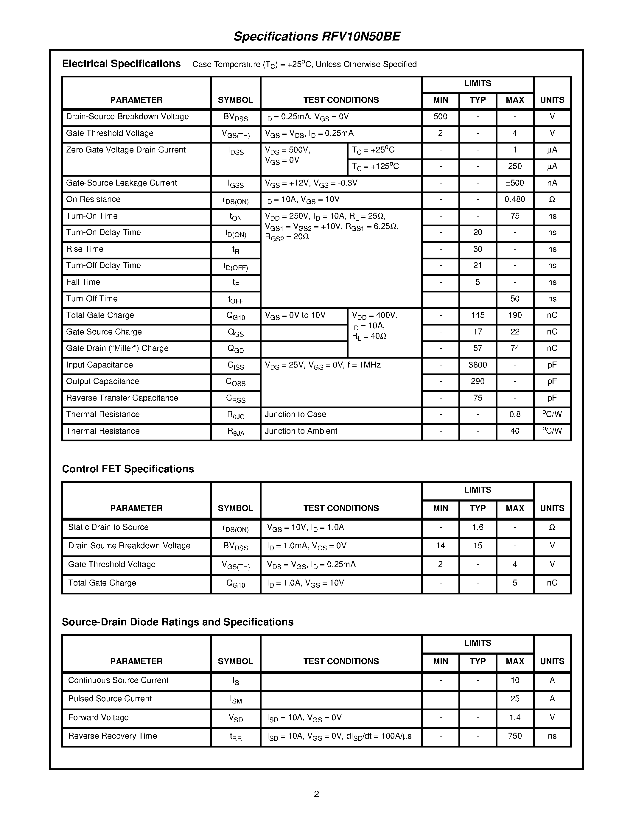 Datasheet RFV10N50 - 10A/ 500V/ Fast Switching N-Channel Enhancement-Mode Power MOSFETs page 2