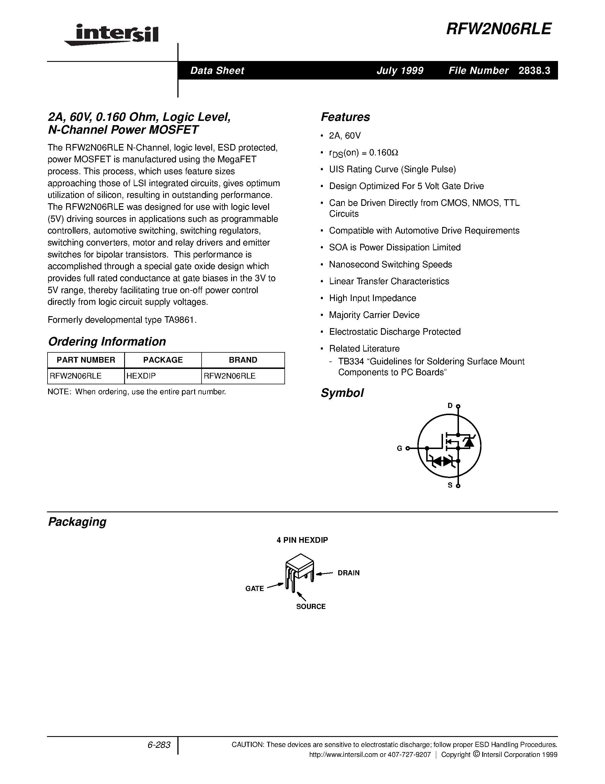Datasheet RFW2N06RLE page 1 Datasheet RFW2N06RLE - 2A/ 60V/ 0.160 Ohm/ Logic Level/ N-Channel Power MOSFET page 1