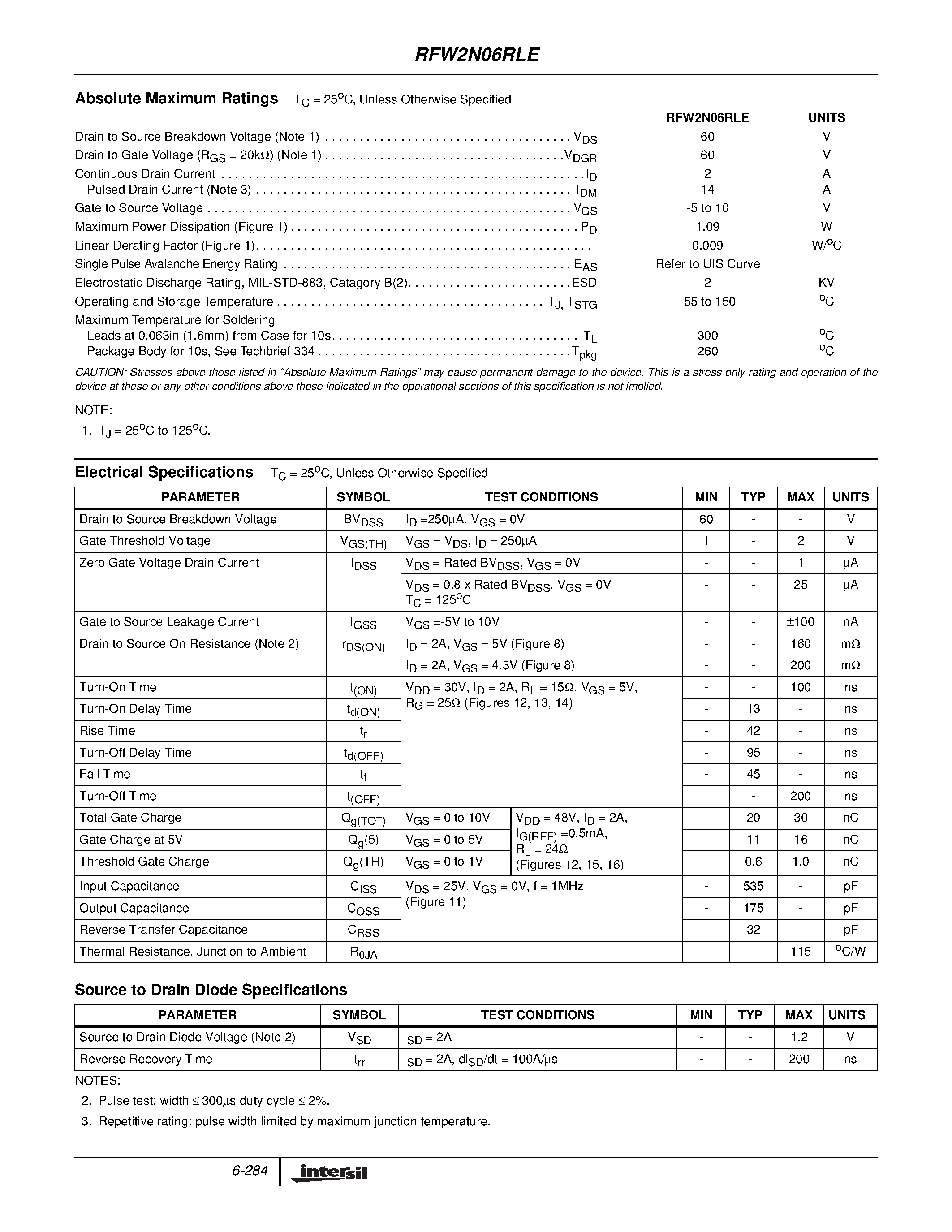 Datasheet RFW2N06RLE page 2 Datasheet RFW2N06RLE - 2A/ 60V/ 0.160 Ohm/ Logic Level/ N-Channel Power MOSFET page 2