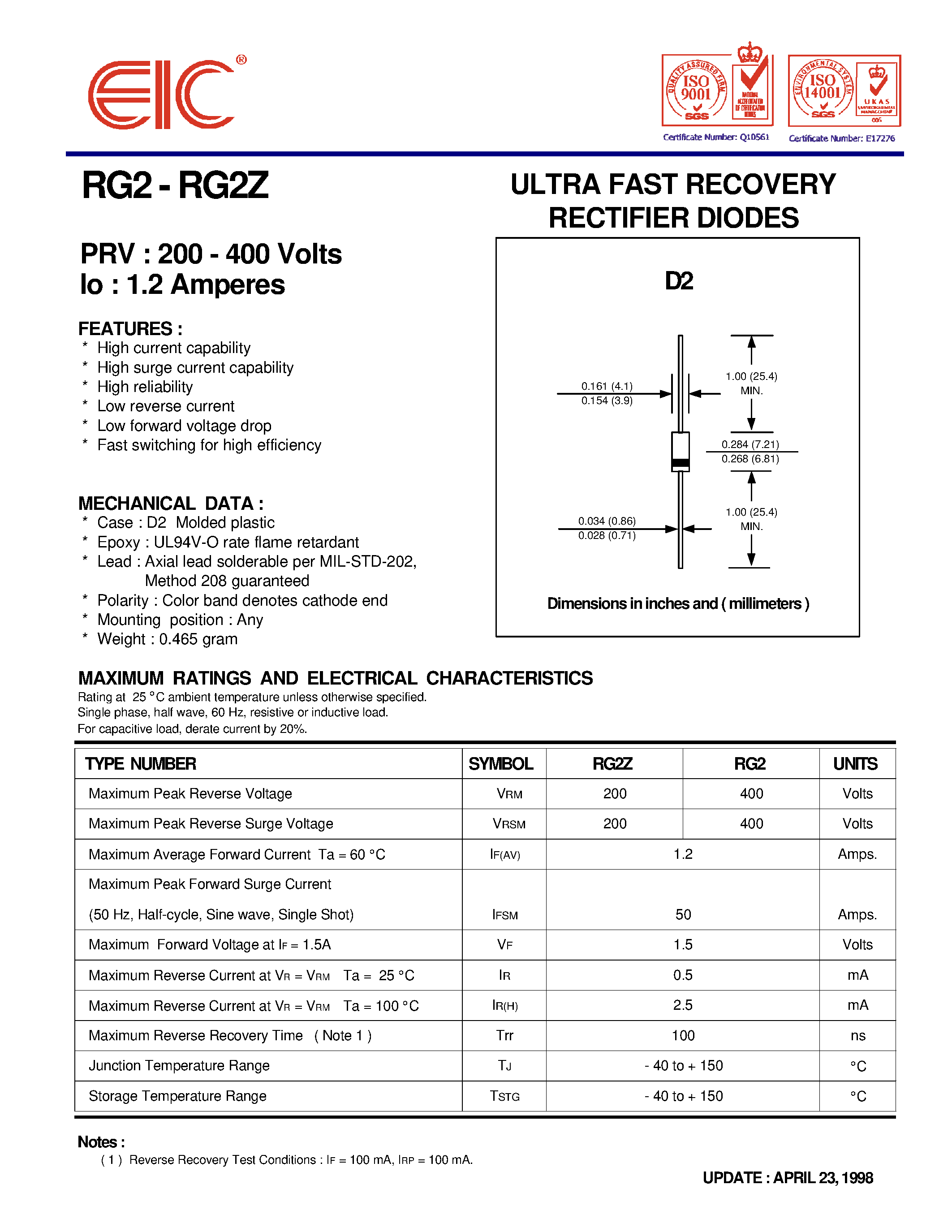 Даташит на микросхему RG2 страница 1 Даташит RG2 - ULTRA FAST RECOVERY RECTIFIER DIODES страница 1