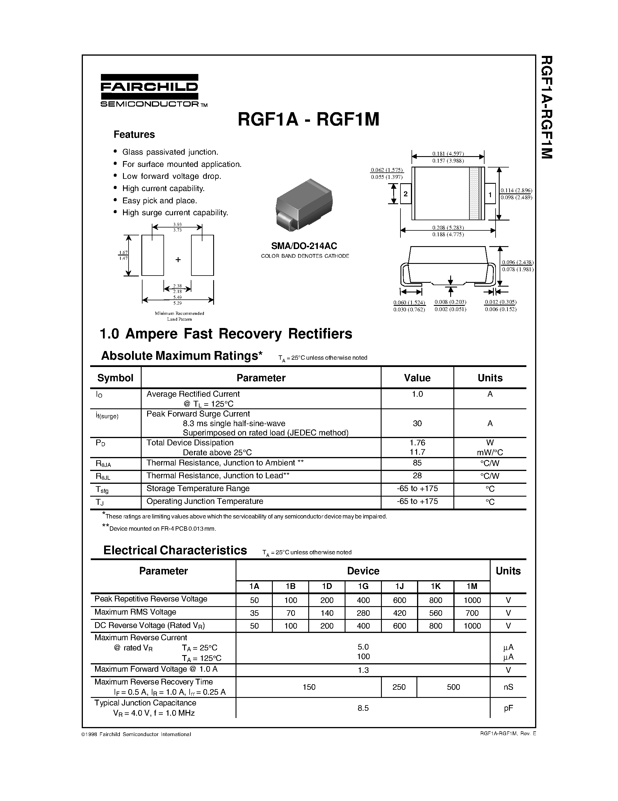 Datasheet RGF1A page 1 Datasheet RGF1A - 1.0 Ampere Fast Recovery Rectifiers page 1