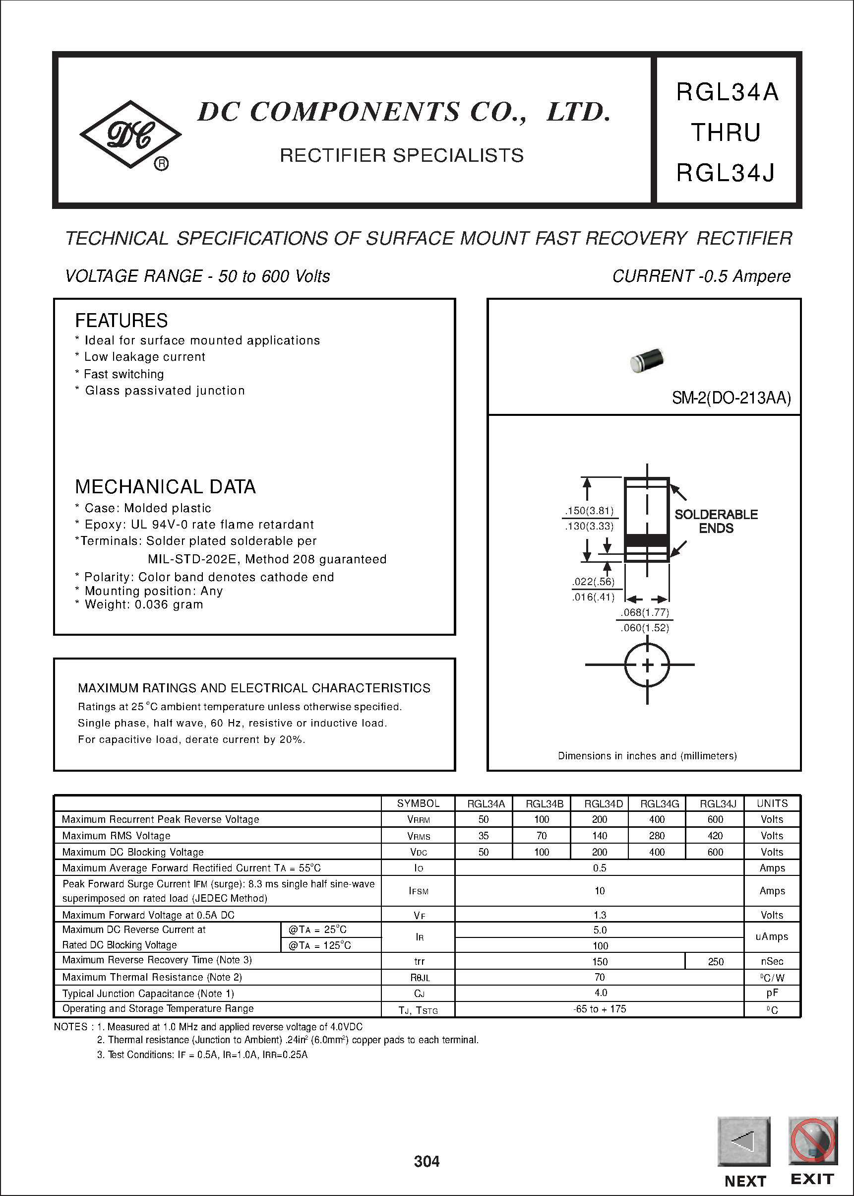 Даташит RGL34J - TECHNICAL SPECIFICATIONS OF SURFACE MOUNT FAST RECOVERY RECTIFIER страница 1