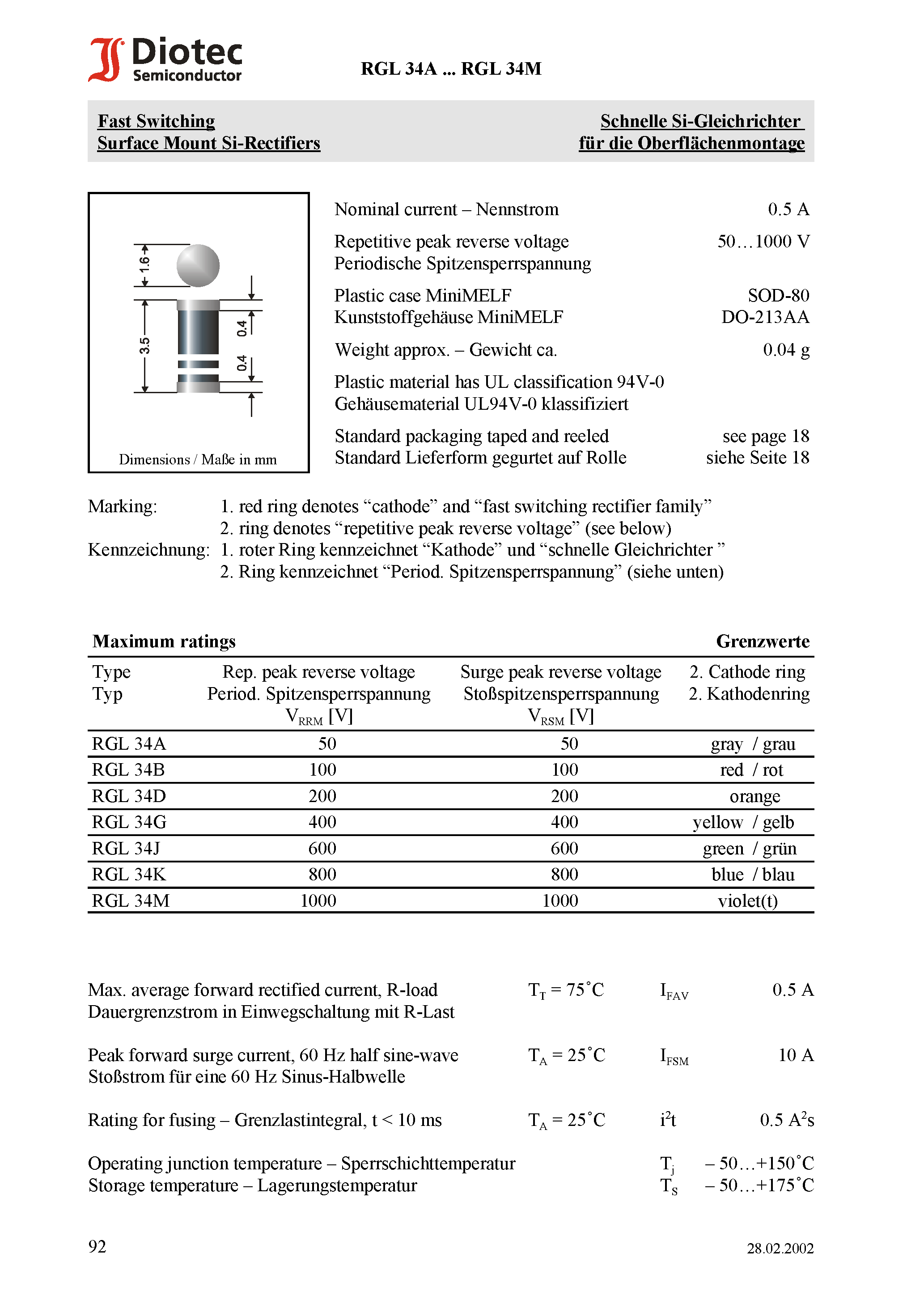Datasheet RGL34J - Fast Switching Surface Mount Si-Rectifiers page 1
