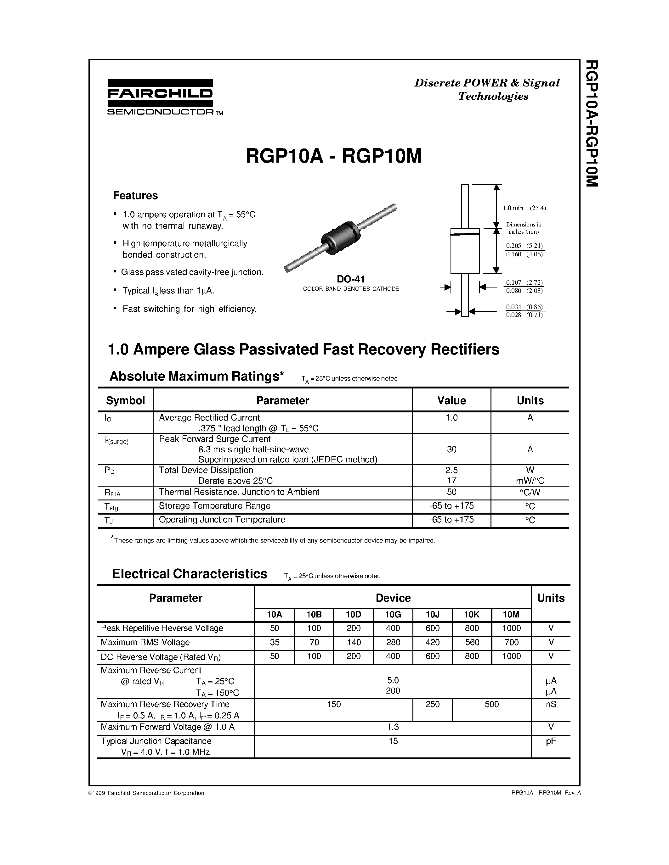 Datasheet RGP10D - 1.0 Ampere Glass Passivated Fast Recovery Rectifiers page 1