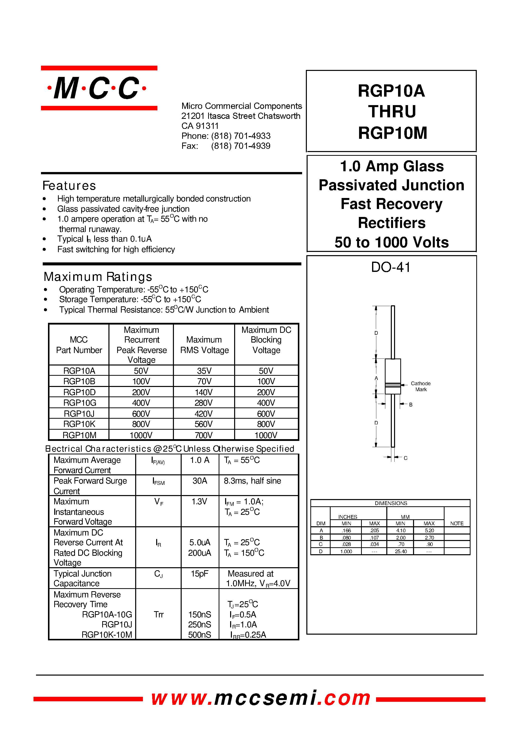 Datasheet RGP10J - 1.0 Amp Glass Passivated Junction Fast Recovery Rectifiers 50 to 1000 Volts page 1