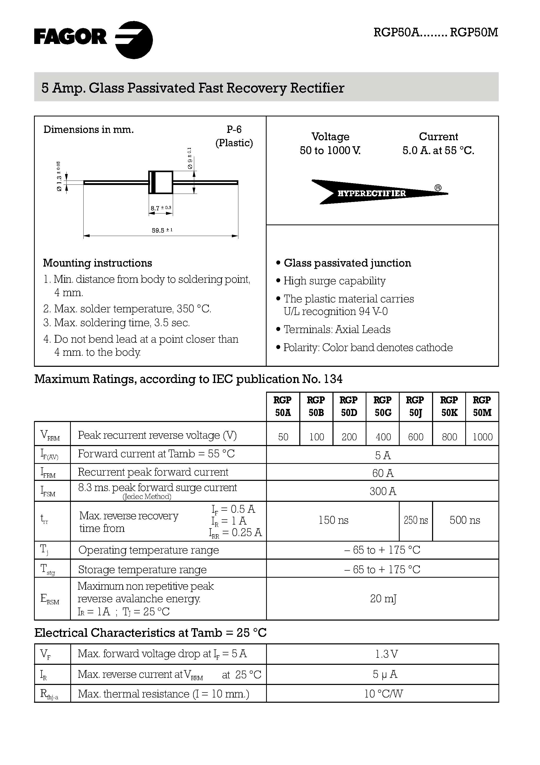 Даташит RGP50B - 5 Amp. Glass Passivated Fast Recovery Rectifier страница 1