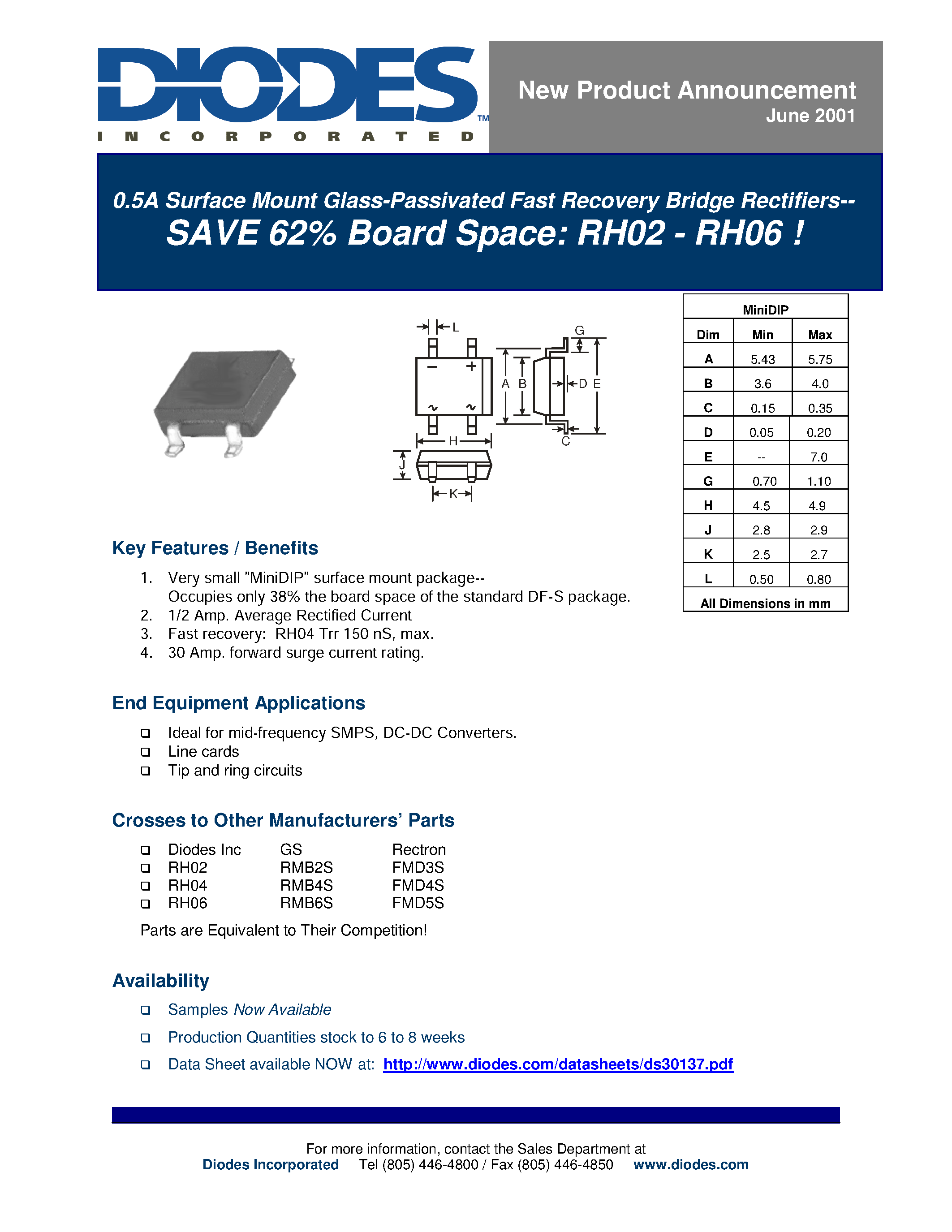 Datasheet RH04 - 0.5A Surface Mount Glass-Passivated Fast Recovery Bridge Rectifiers-- page 1