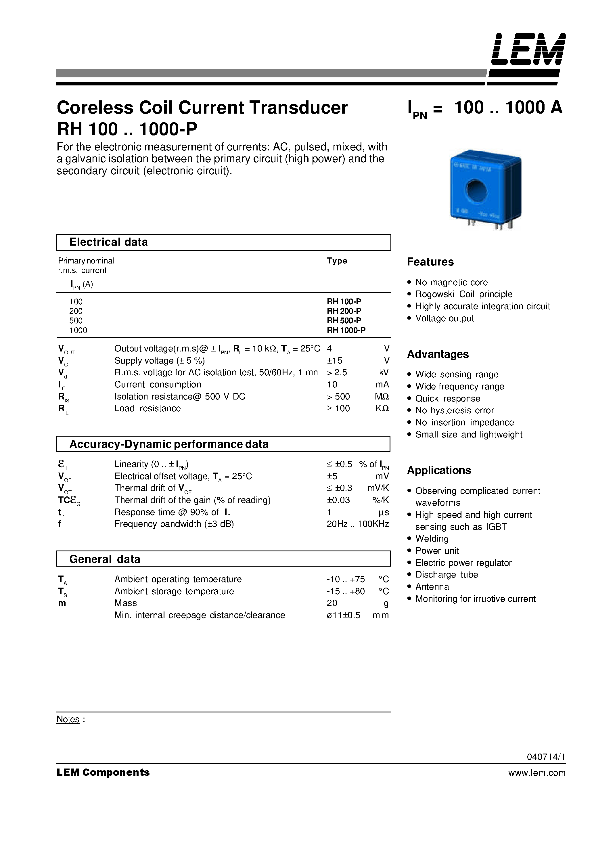 Datasheet RH100-P page 1 Datasheet RH100-P - Coreless Coil Current Transducer RH 100~1000-P page 1