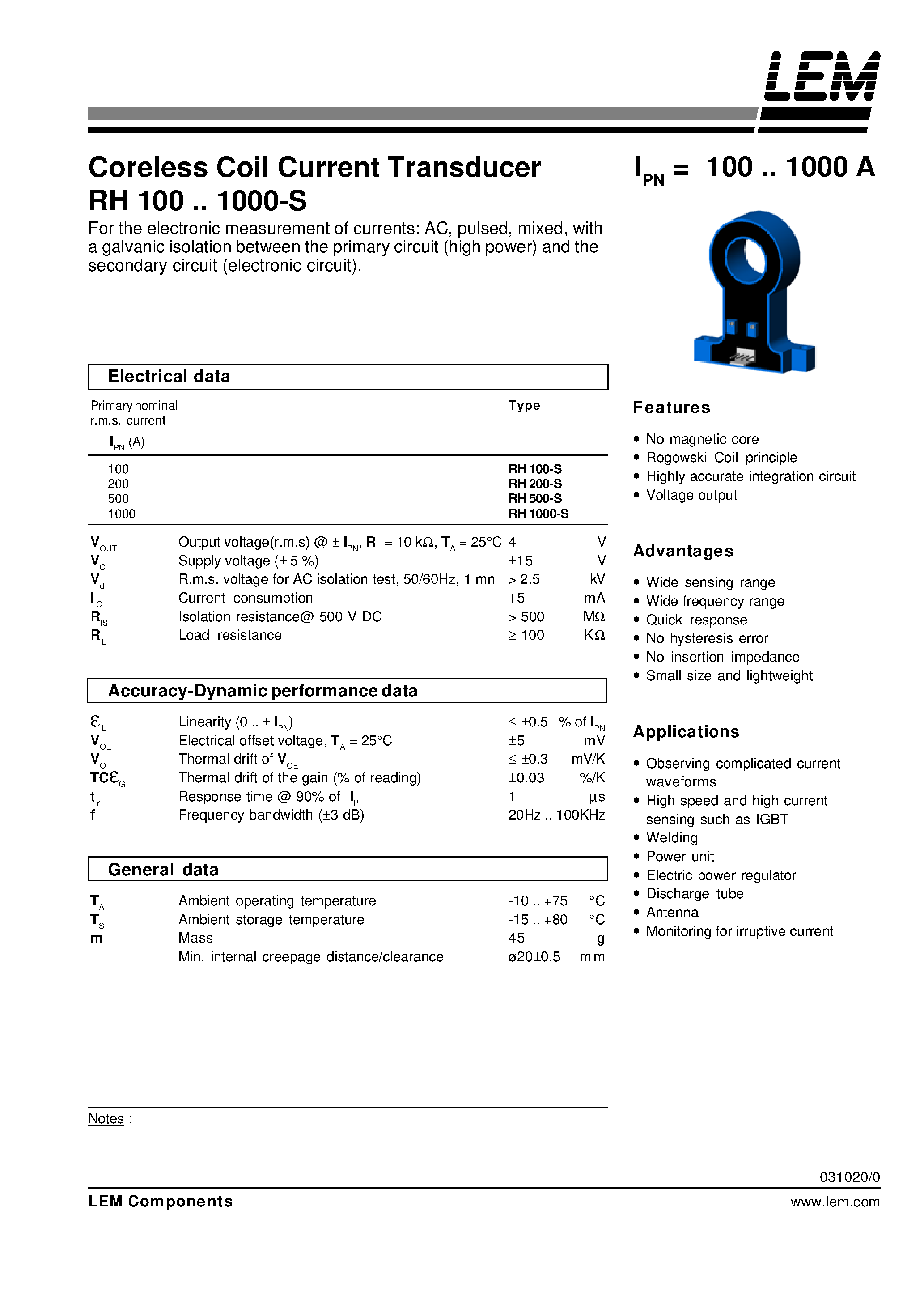 Даташит RH1000-S - Coreless Coil Current Transducer RH 100~1000-S страница 1