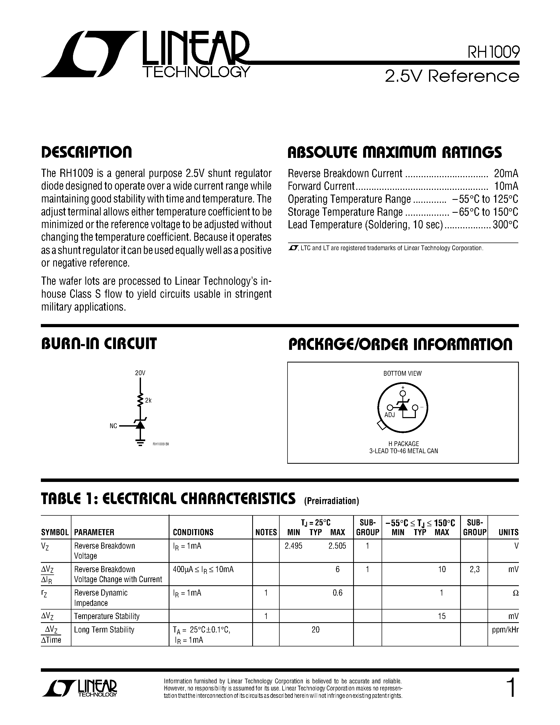 Datasheet RH1009 page 1 Datasheet RH1009 - 2.5V Reference page 1