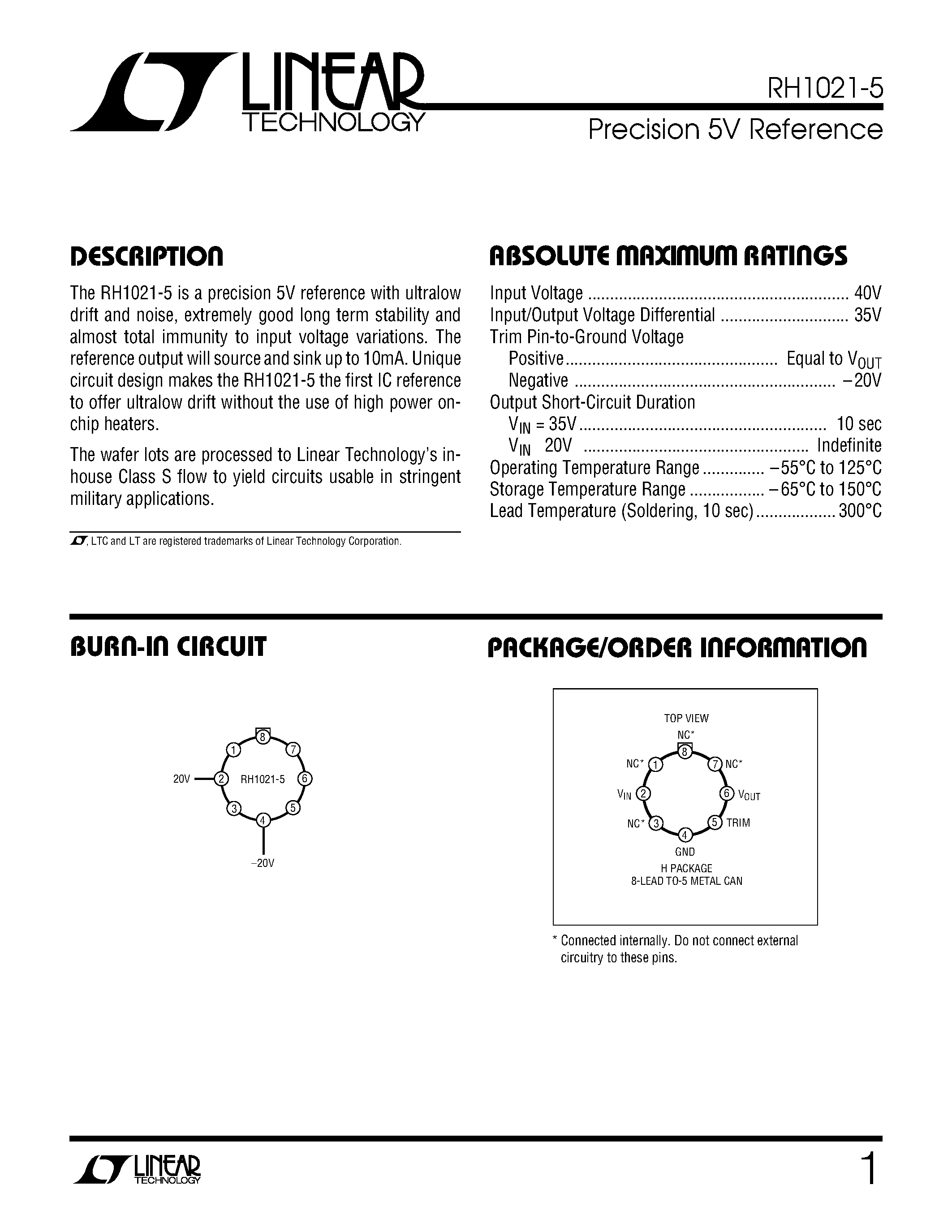 Datasheet RH1021CM-5 - Precision 5V Reference page 1