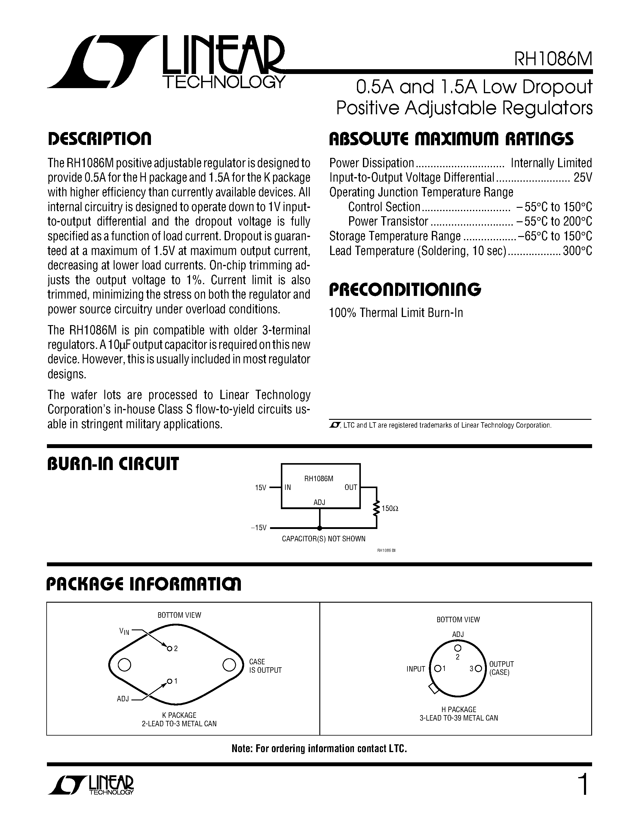 Datasheet RH1086M page 1 Datasheet RH1086M - 0.5A and 1.5A Low Dropout Positive Adjustable Regulators page 1