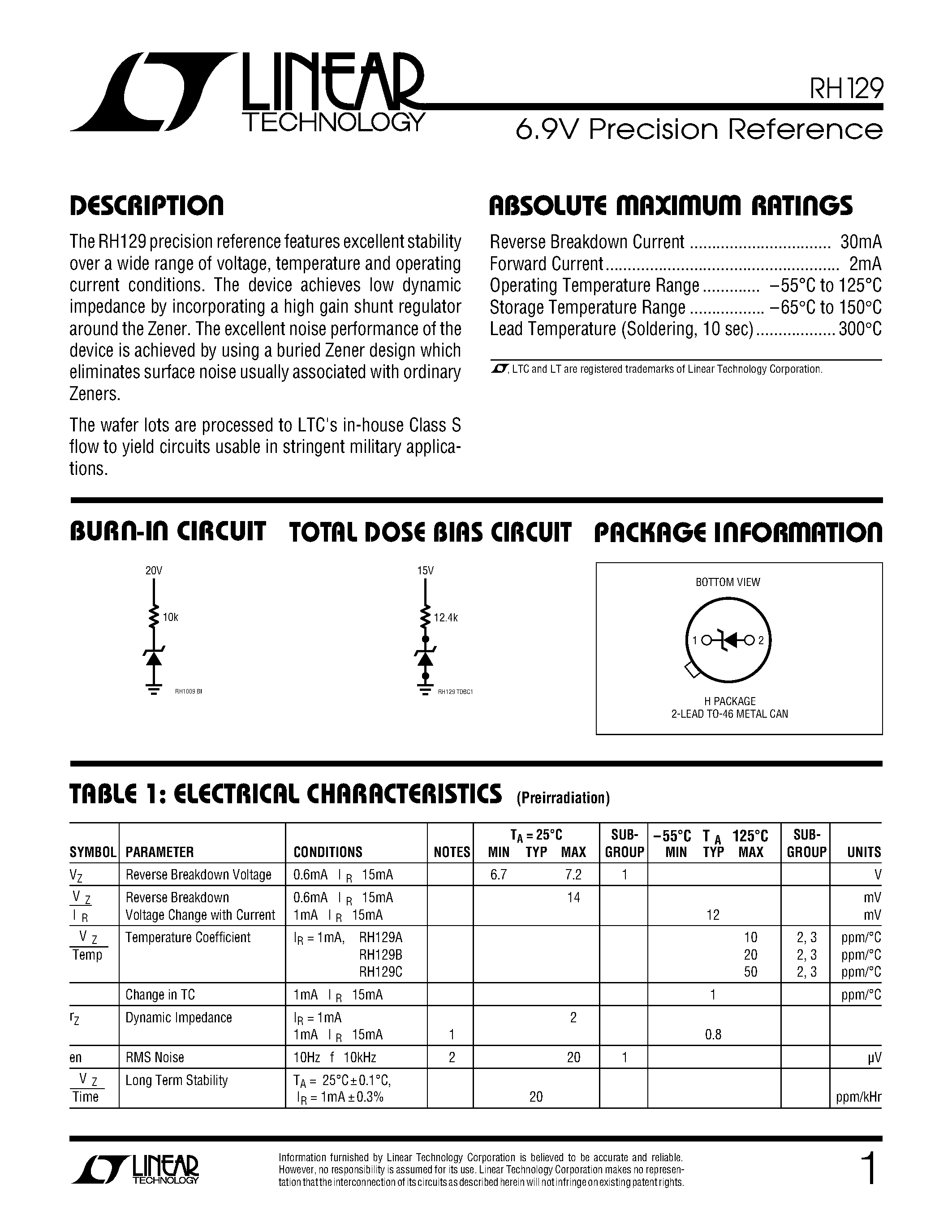 Datasheet RH129A - 6.9V Precision Reference page 1