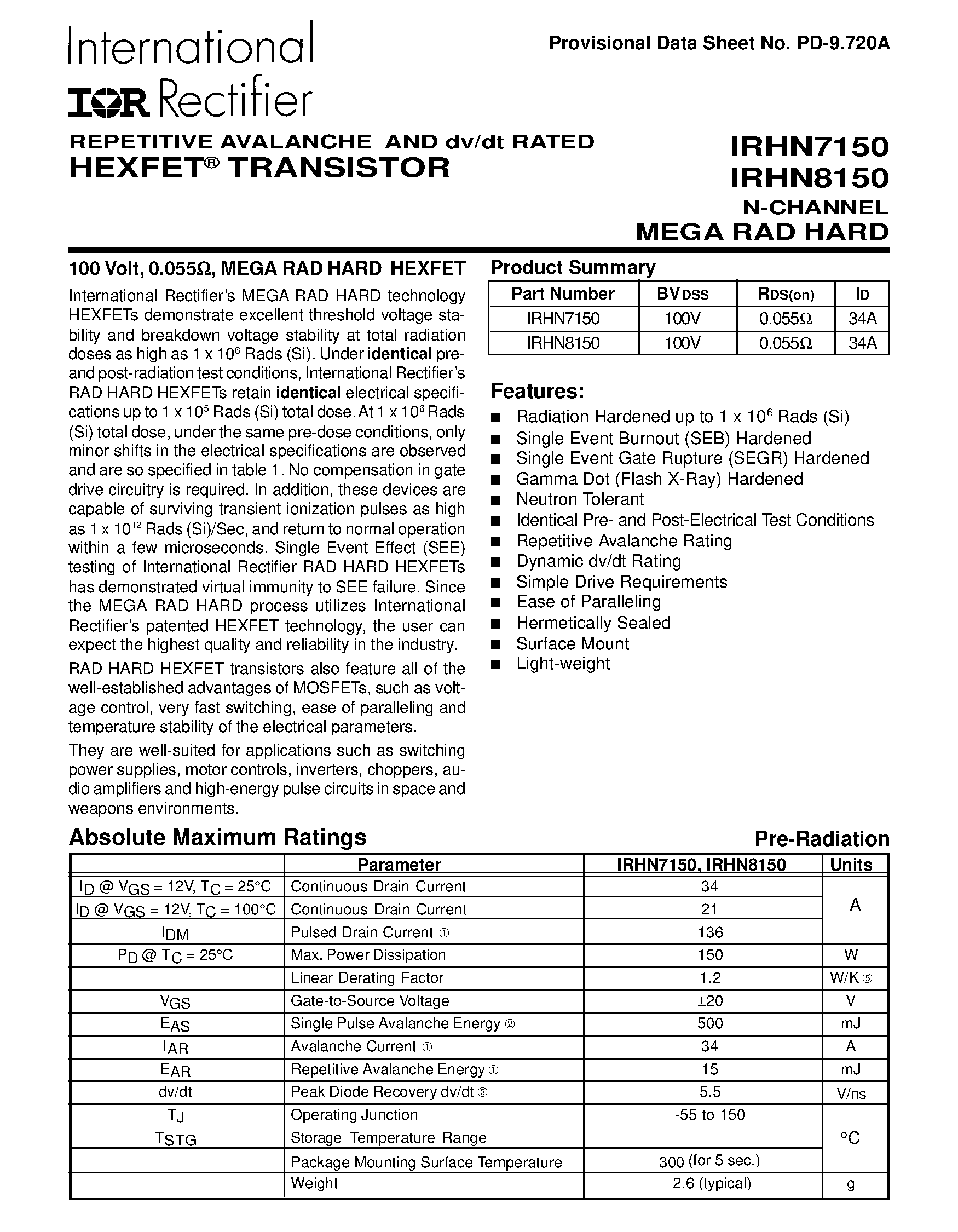 Datasheet RHN7150 - TRANSISTOR N-CHANNEL page 1