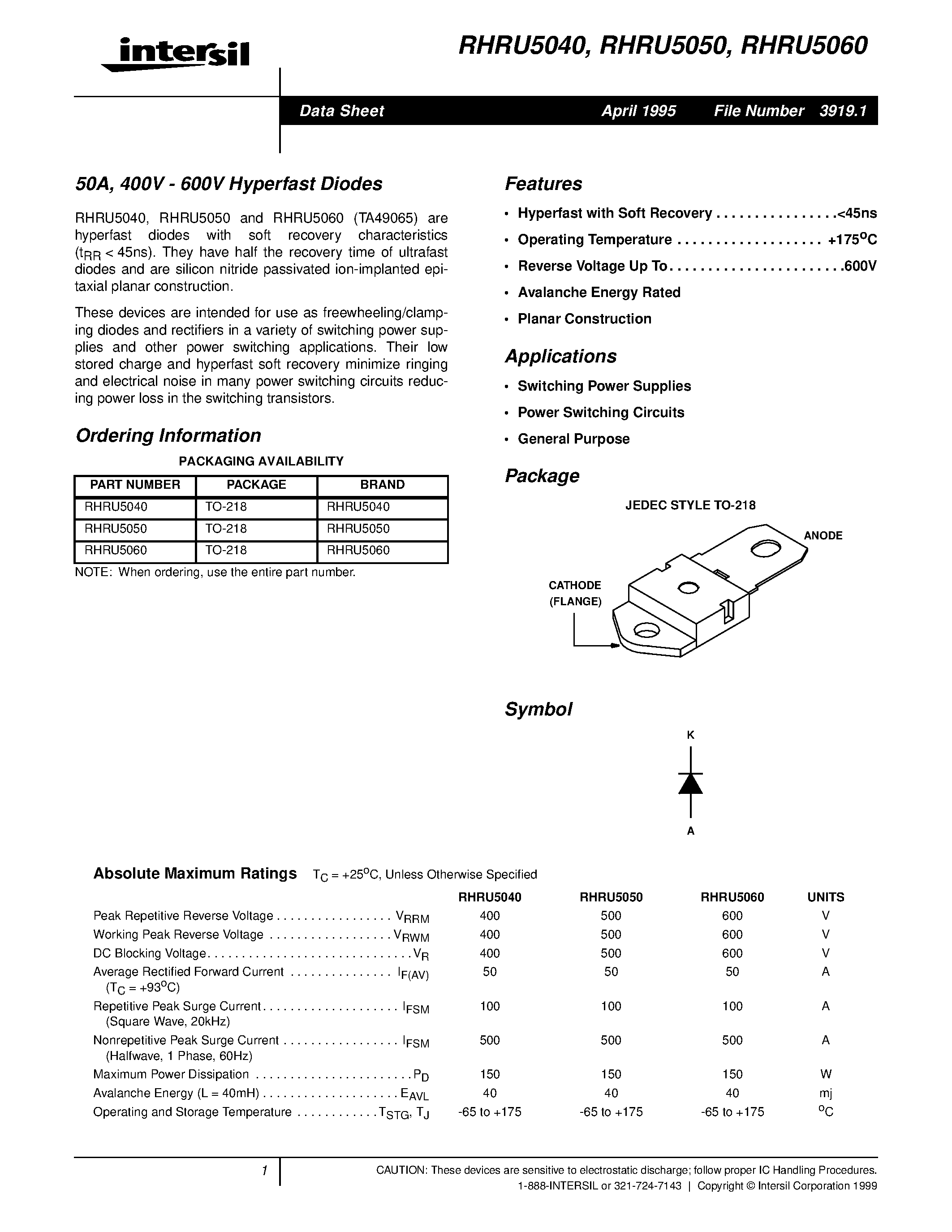 Даташит на микросхему RHRU5040 страница 1 Даташит RHRU5040 - 50A/ 400V - 600V Hyperfast Diodes страница 1