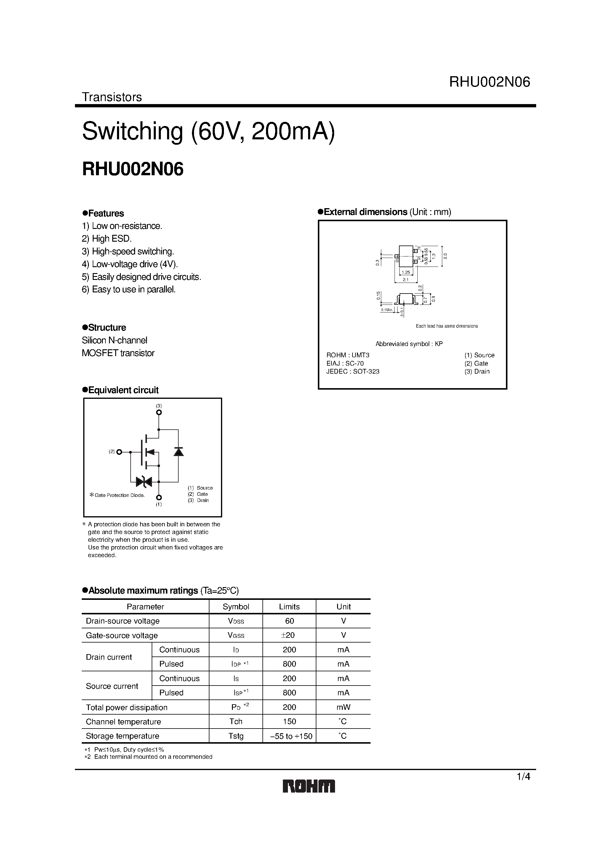 Datasheet RHU002N06 page 1 Datasheet RHU002N06 - Switching (60V/ 200mA) page 1