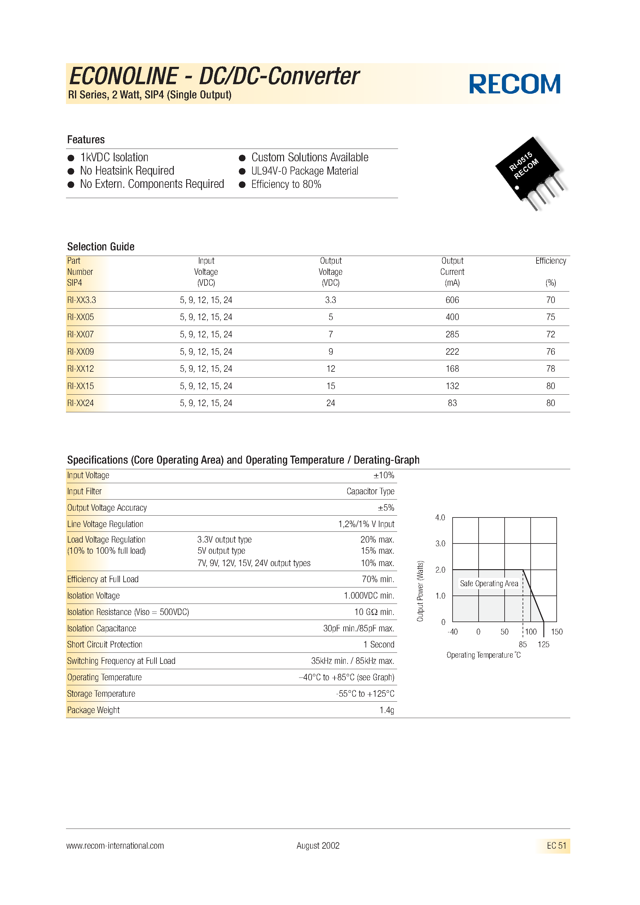 Datasheet RI-153.3 - ECONOLINE - DC/DC - CONVERTER page 1