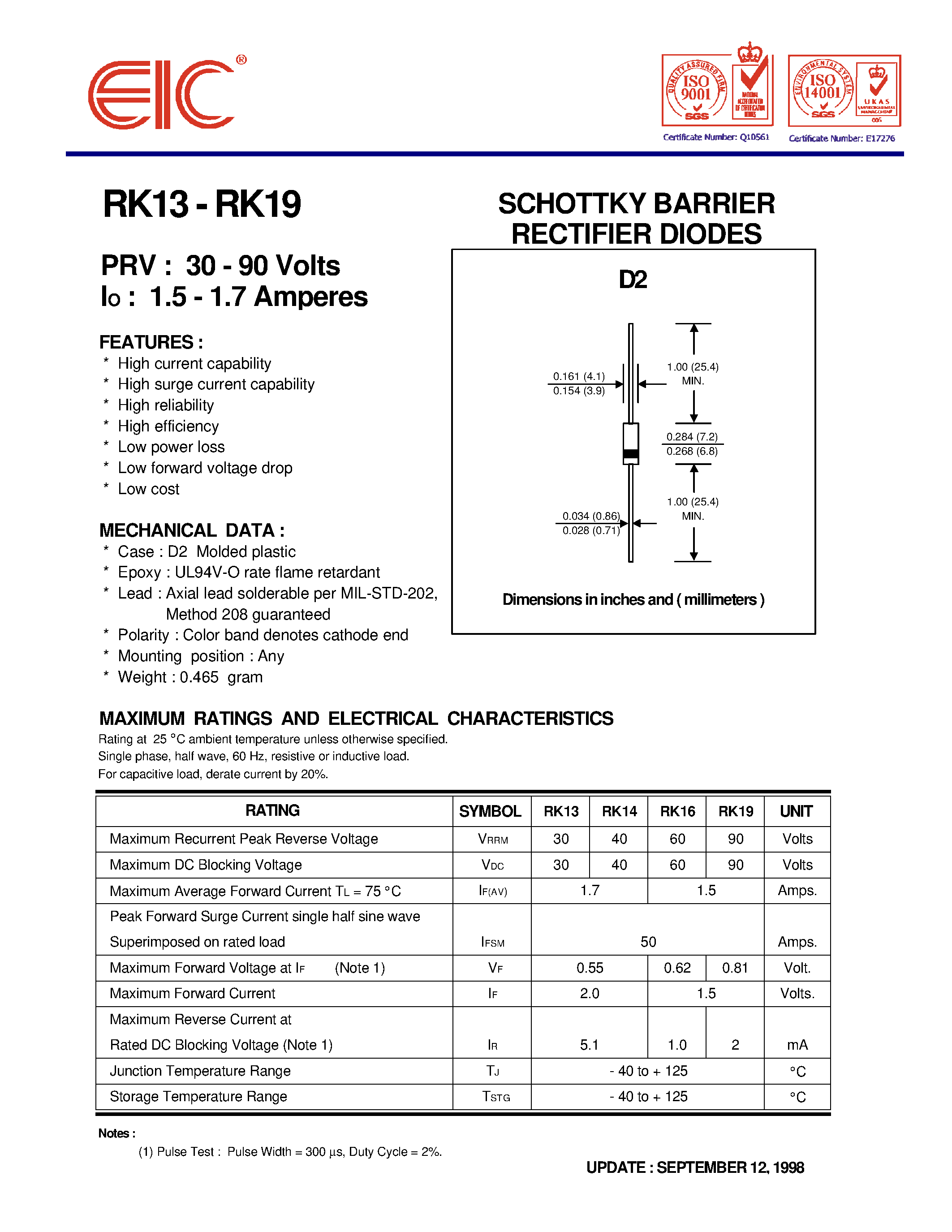 Даташит на микросхему RK19 страница 1 Даташит RK19 - SCHOTTKY BARRIER RECTIFIER DIODES страница 1
