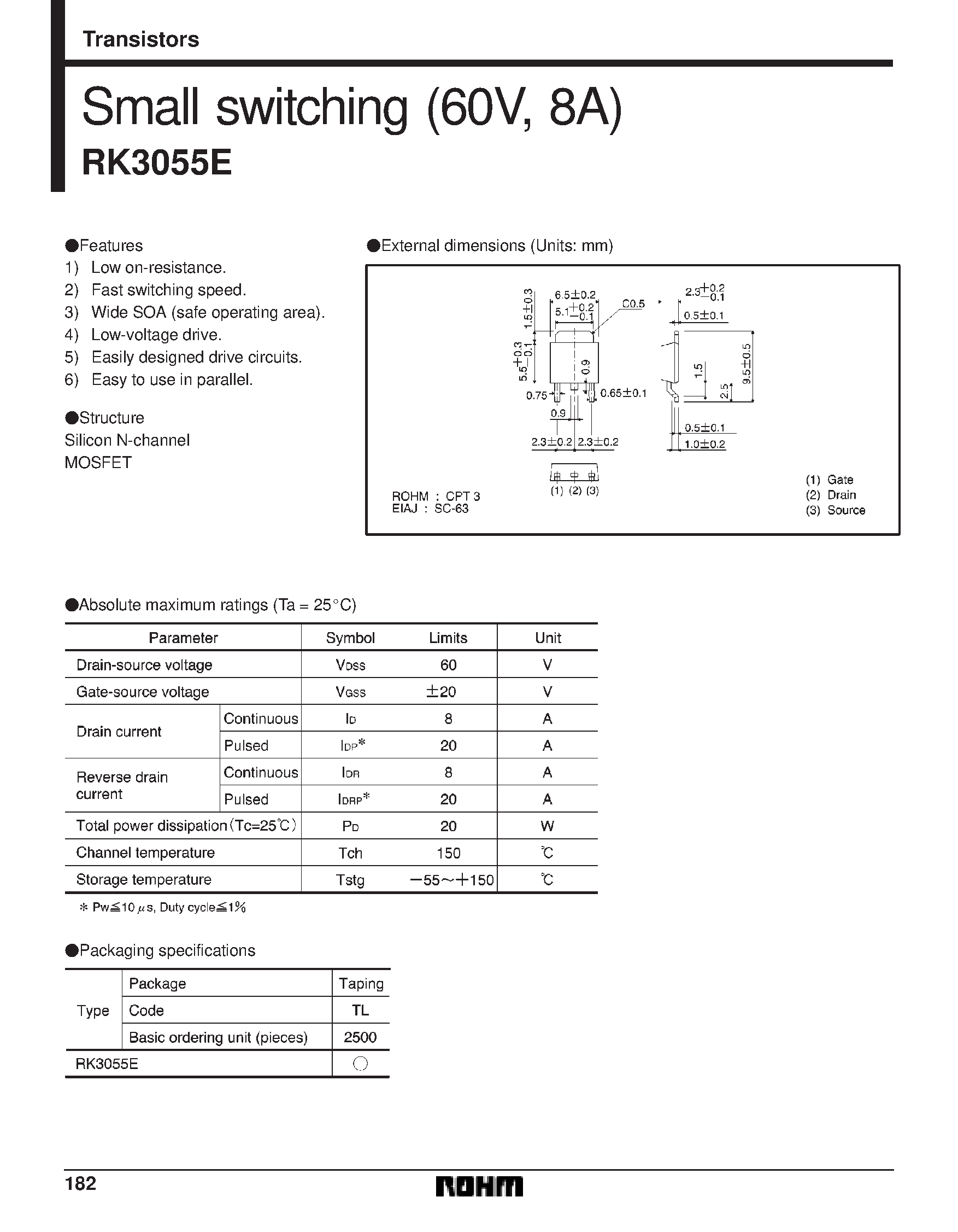 Datasheet RK3055 - Small switching (60V/ 8A) page 1