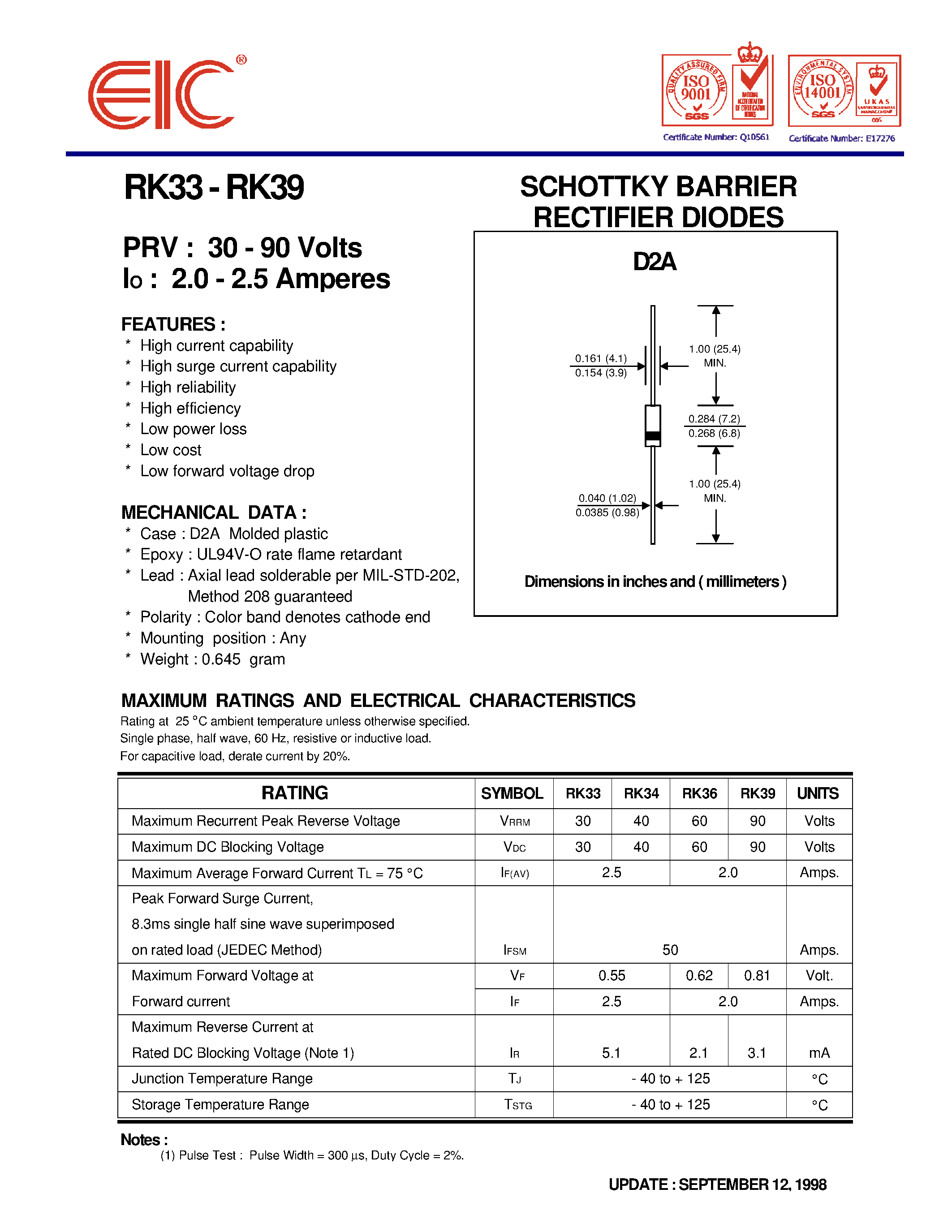 Даташит RK39 - SCHOTTKY BARRIER RECTIFIER DIODES страница 1