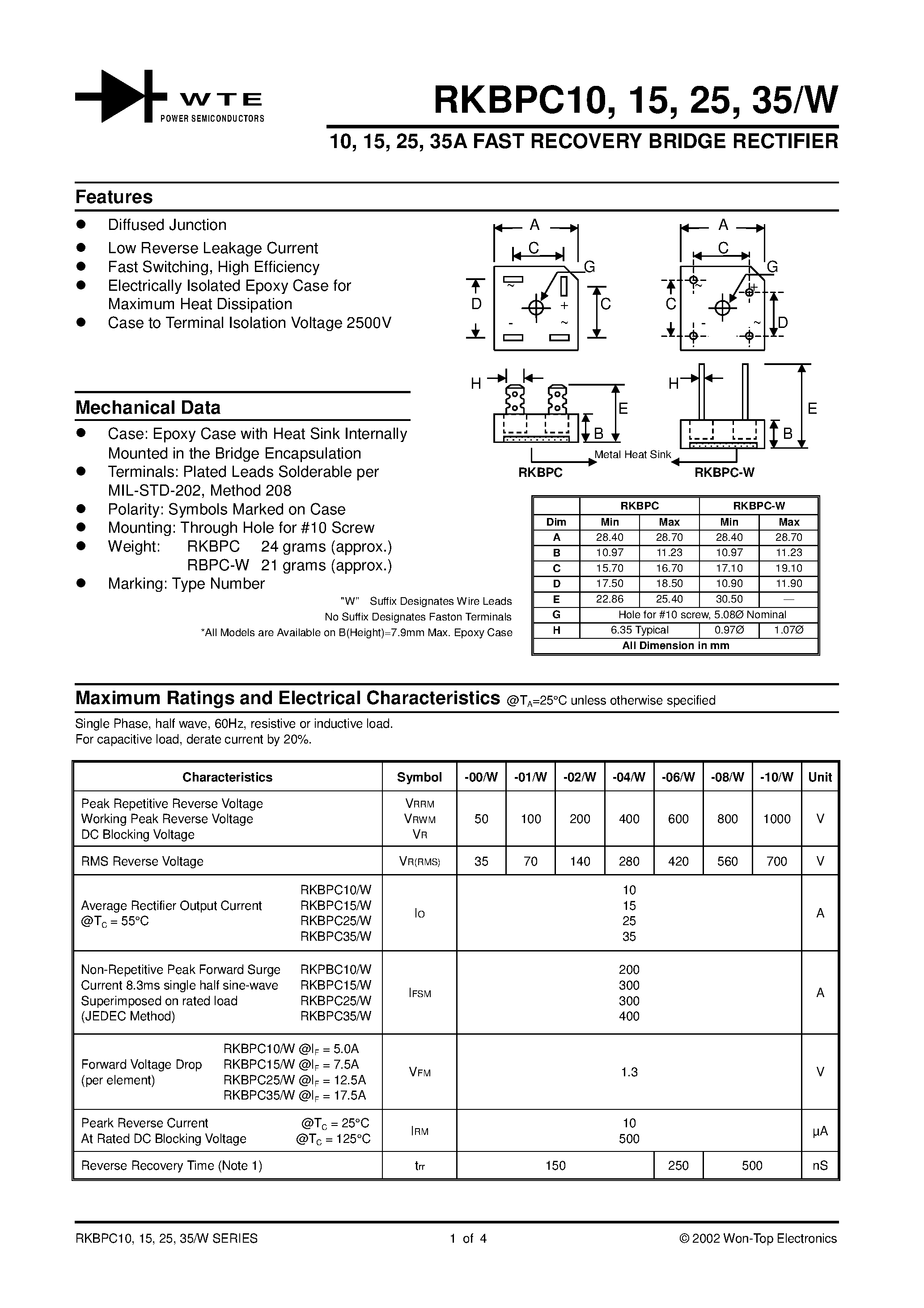 Даташит на микросхему RKBPC1000 страница 1 Даташит RKBPC1000 - 10/15/25/35A FAST RECOVERY BRIDGE RECTIFIER страница 1