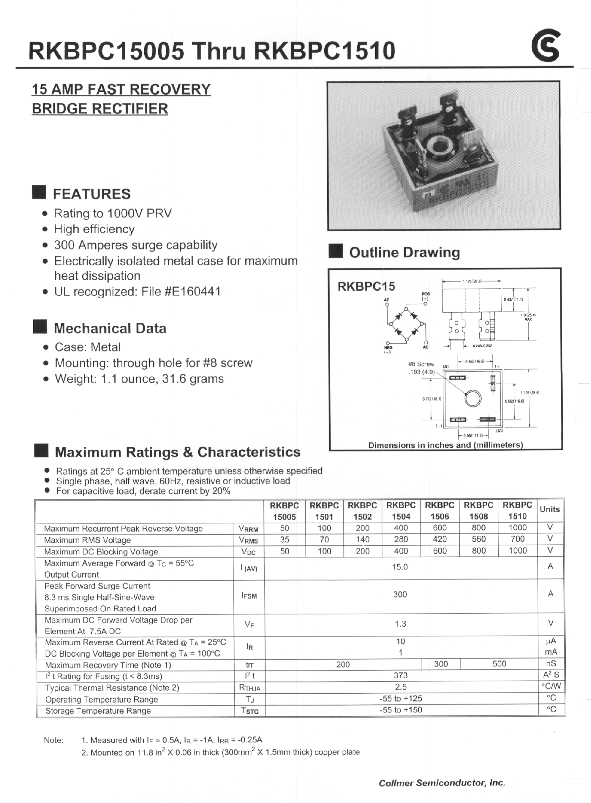 Даташит RKBPC1510 - 15 AMP FAST RECOVERY BRIDGE RECTIFIER страница 1