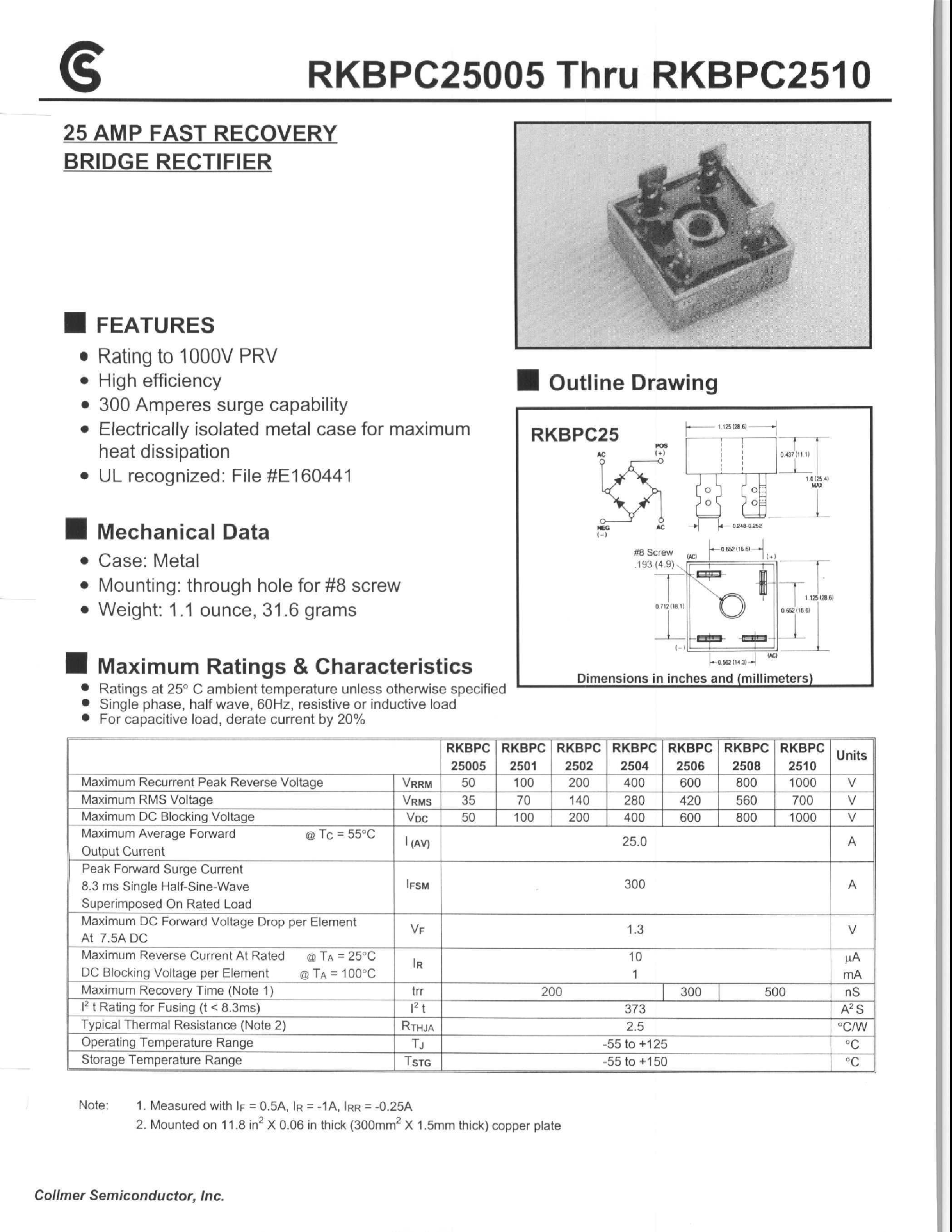 Даташит на микросхему RKBPC2502 страница 1 Даташит RKBPC2502 - 25 AMP FAST RECOVERY BRIDGE RECTIFIER страница 1