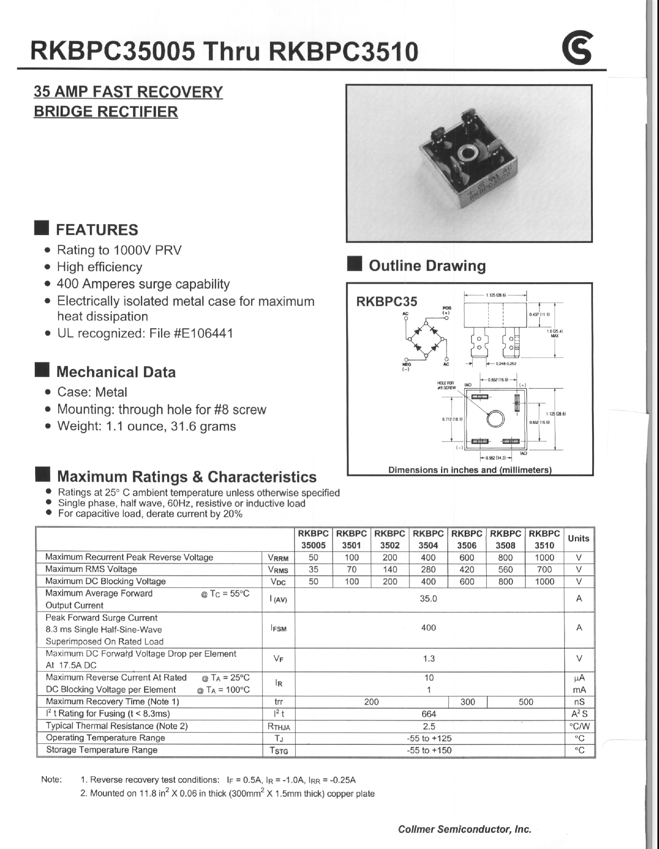 Даташит RKBPC3501 - 35 AMP FAST RECOVERY BRIDGE RECTIFIER страница 1