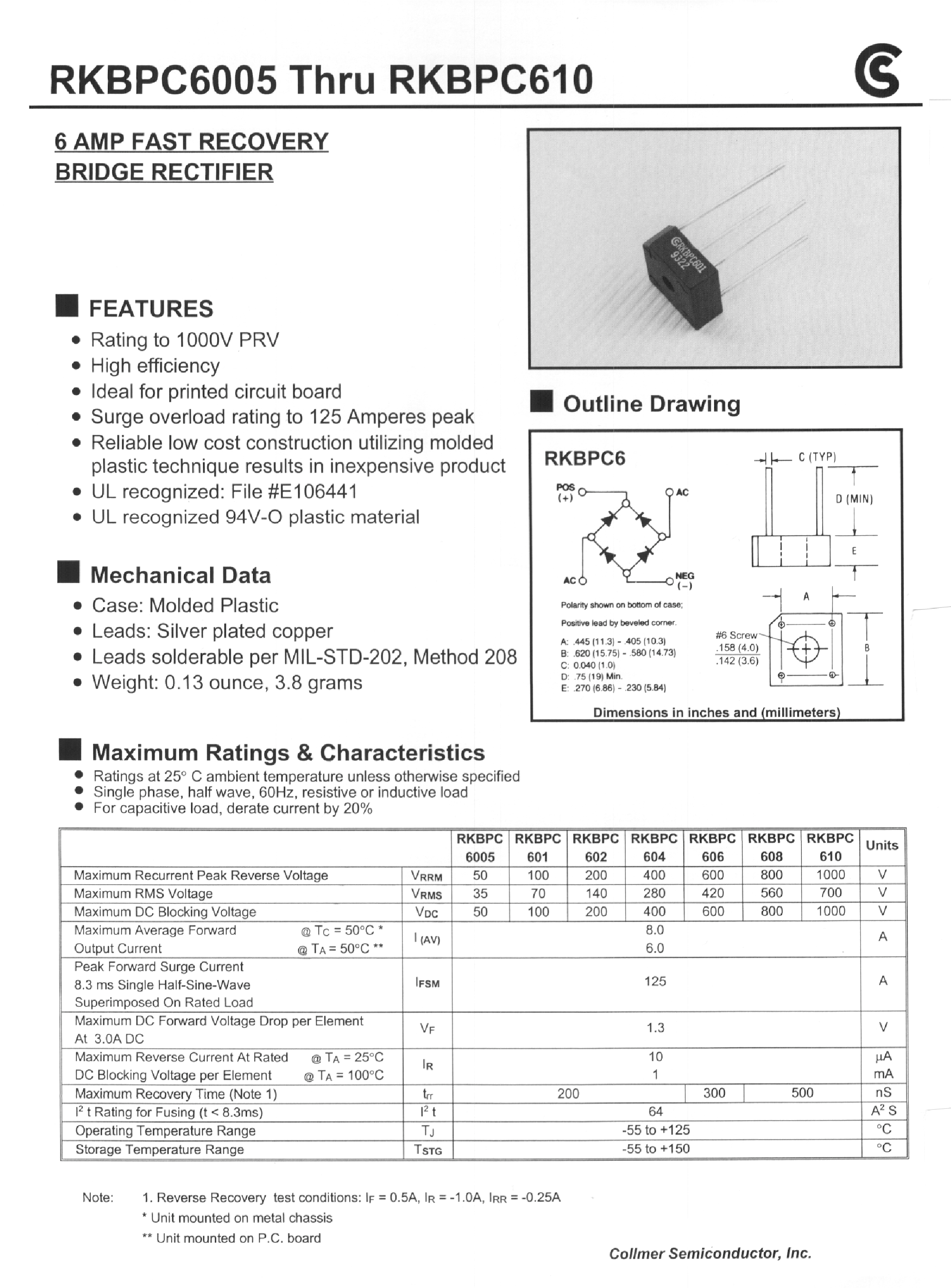 Datasheet RKBPC610 - 6 AMP FAST RECOVERY BRIDGE RECTIFIER page 1