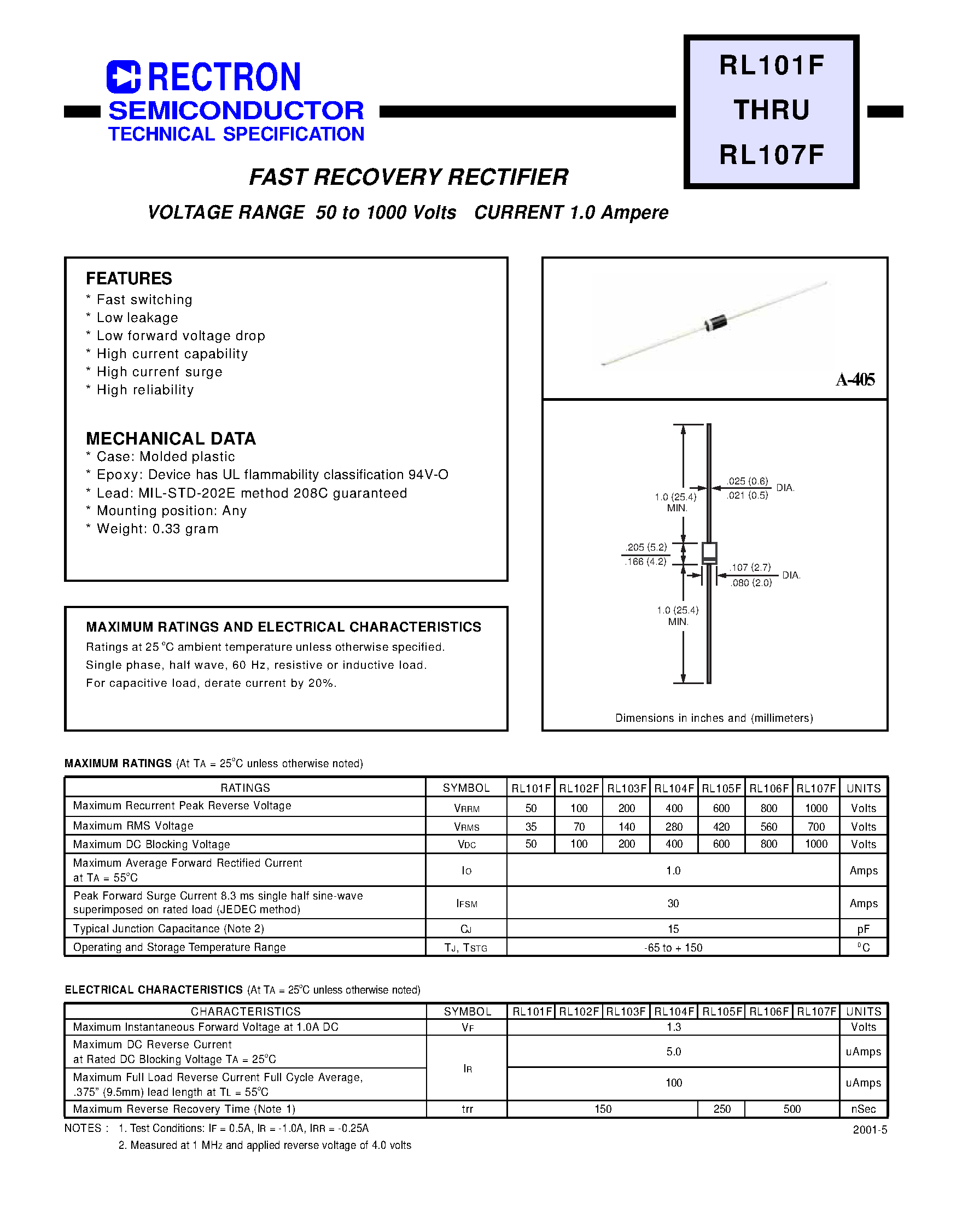 Datasheet RL102F - FAST RECOVERY RECTIFIER (VOLTAGE RANGE 50 to 1000 Volts CURRENT 1.0 Ampere) page 1