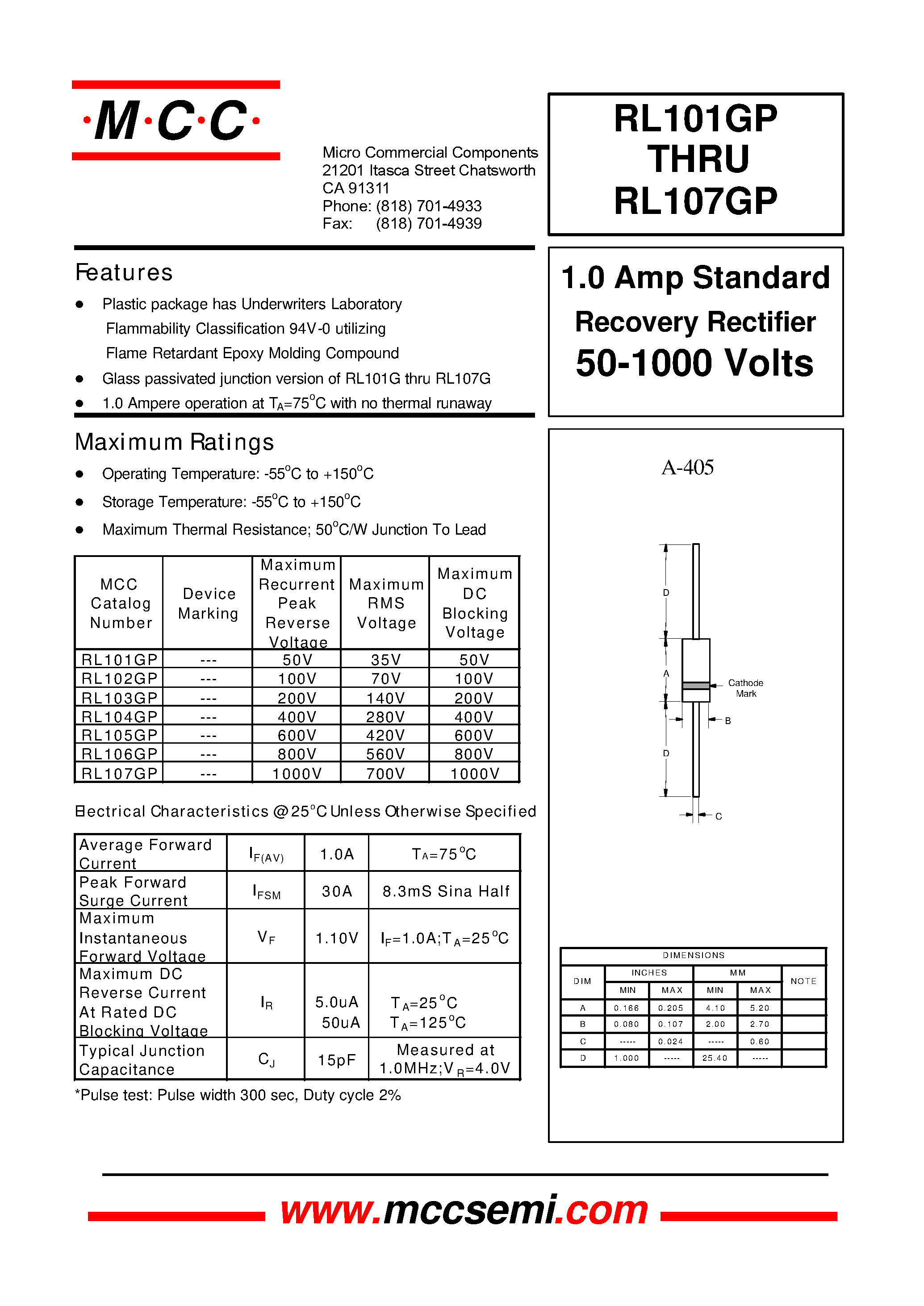 Datasheet RL104GP - 1.0 Amp Standard Recovery Rectifier 50-1000 Volts page 1