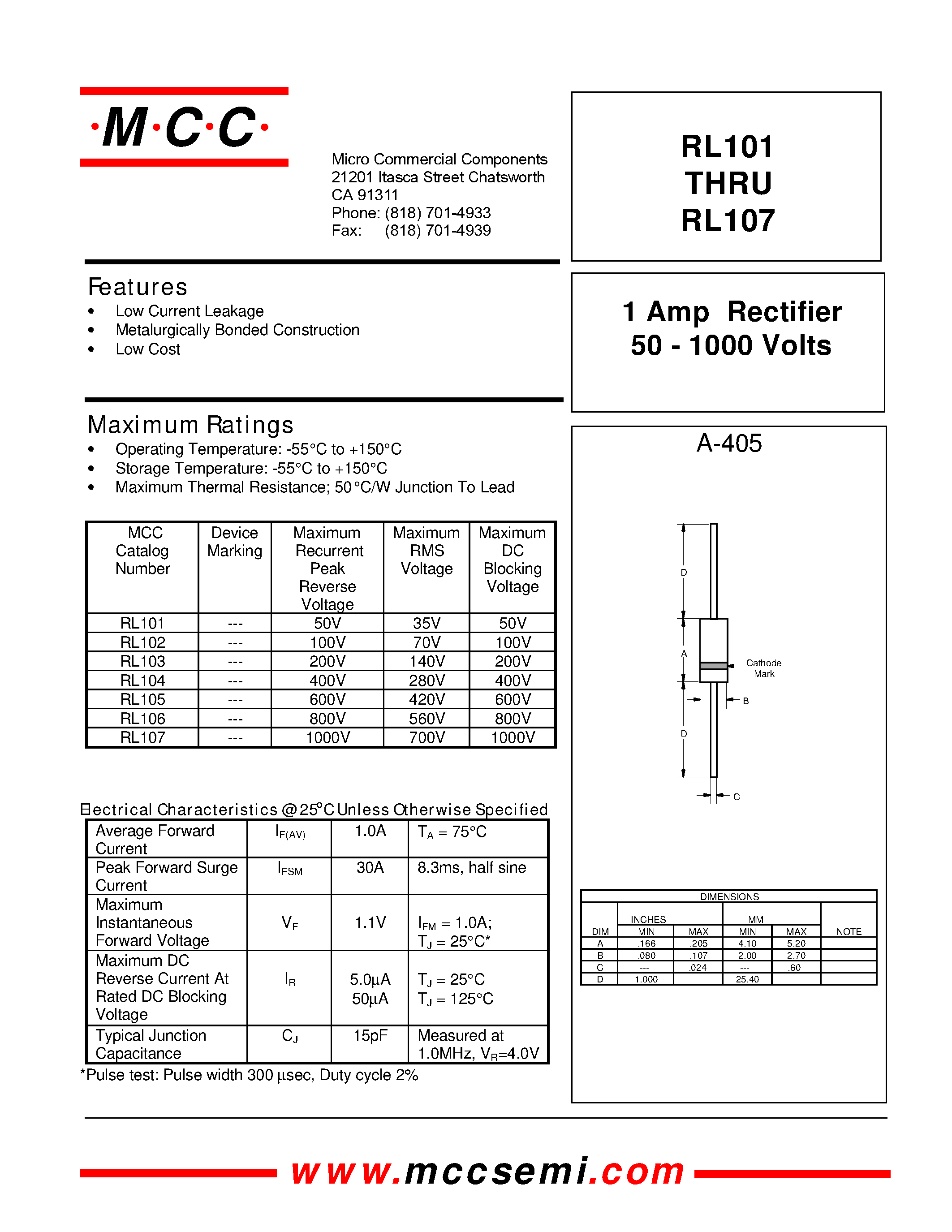 Даташит RL106 - 1 Amp Rectifier 50 - 1000 Volts страница 1