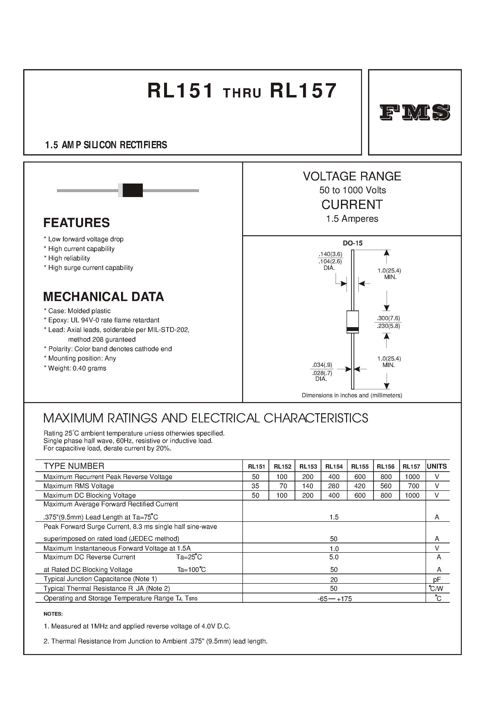 Даташит RL153 - 1.5 AMP SILICON RECTIFIERS страница 1