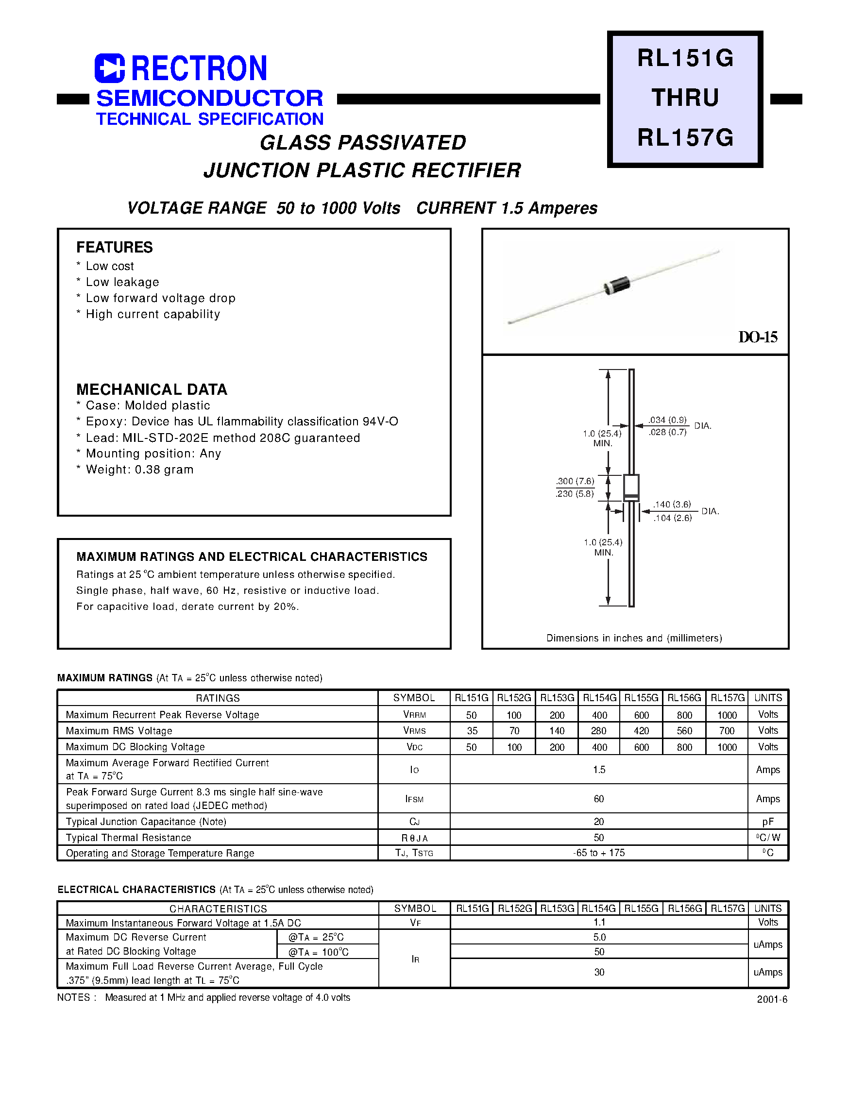 Даташит RL153G - GLASS PASSIVATED JUNCTION PLASTIC RECTIFIER (VOLTAGE RANGE 50 to 1000 Volts CURRENT 1.5 Amperes) страница 1