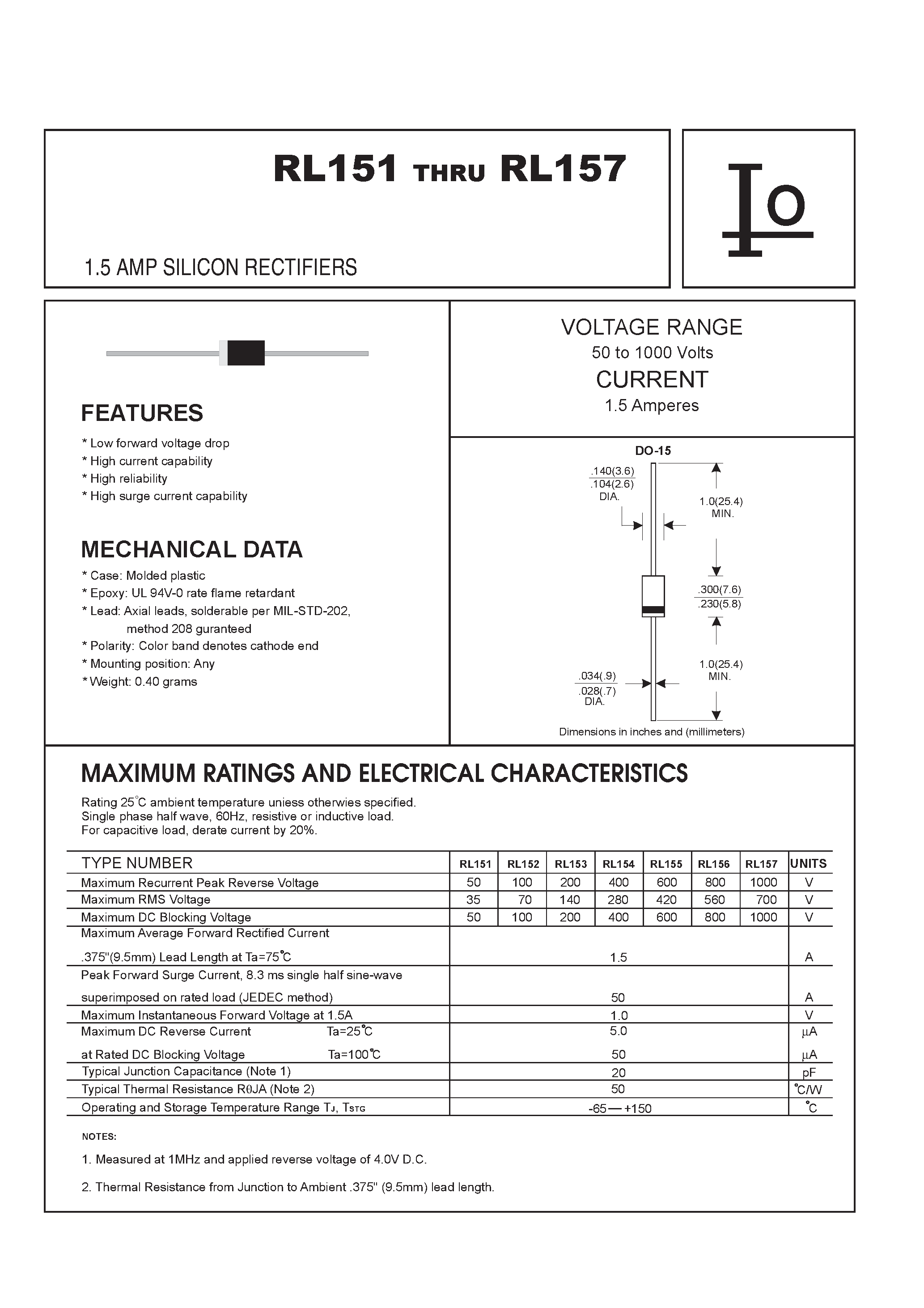 Datasheet RL156 page 1 Datasheet RL156 - 1.5 AMP SILICON RECTIFIERS page 1